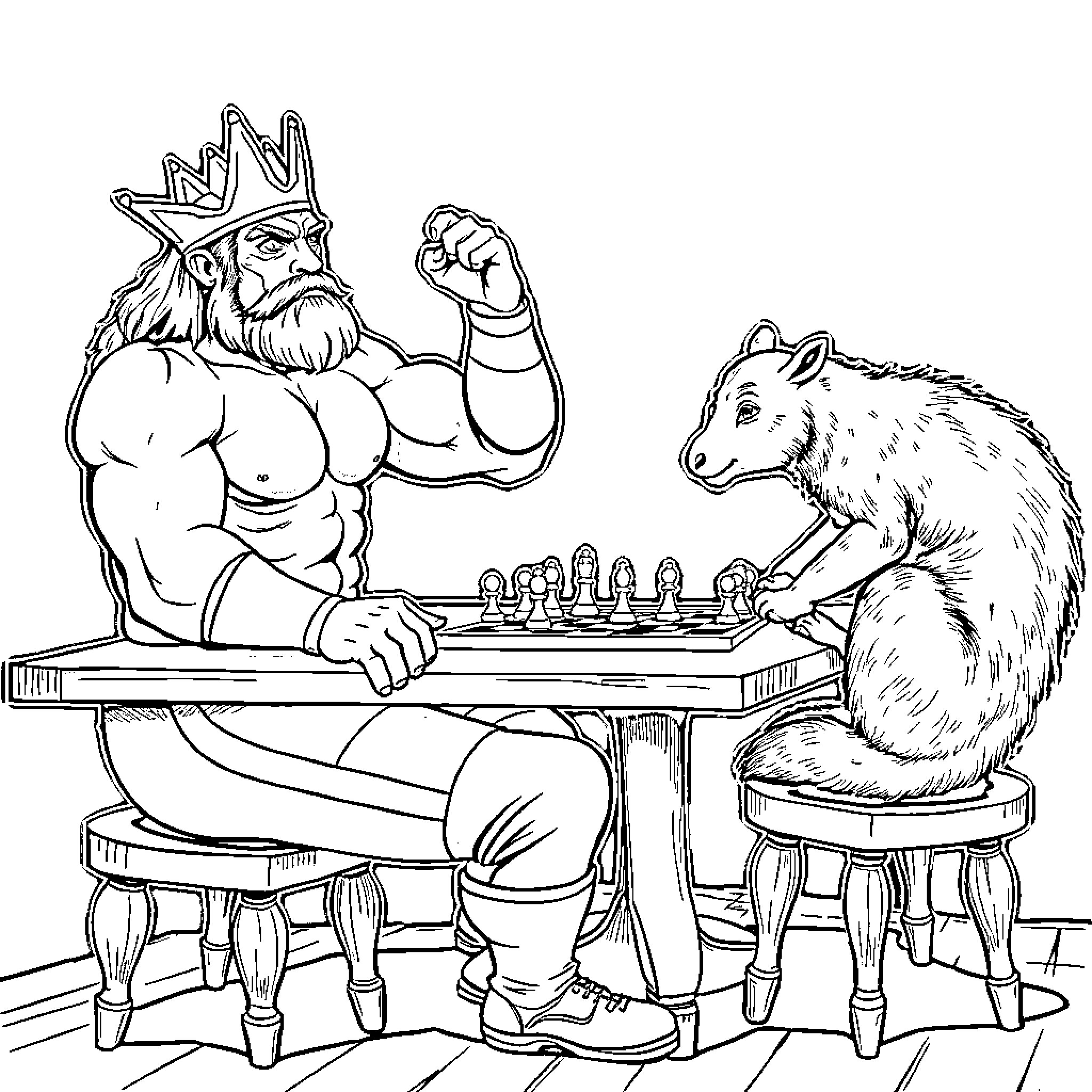 Wrestler king playing chess with animal companion Coloring Page (free black-and-white line drawing printable PDF for all, from beginners to advanced learners, including children, teens, adults, and seniors)