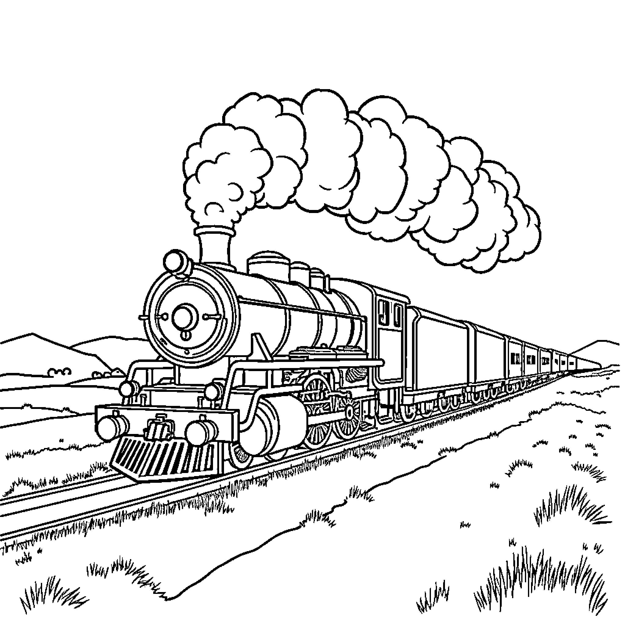 Train racing through the countryside Coloring Page (free black-and-white line drawing printable PDF for all, from beginners to advanced learners, including children, teens, adults, and seniors)