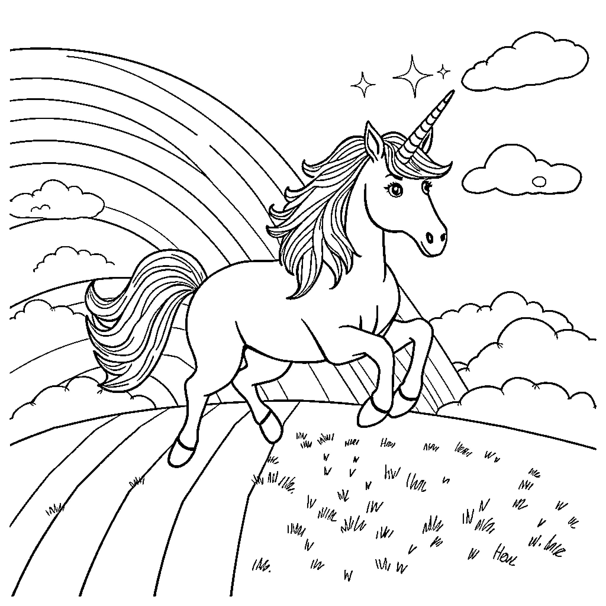 Unicorn galloping through enchanted meadow Coloring Page (free black-and-white line drawing printable PDF for all, from beginners to advanced learners, including children, teens, adults, and seniors)