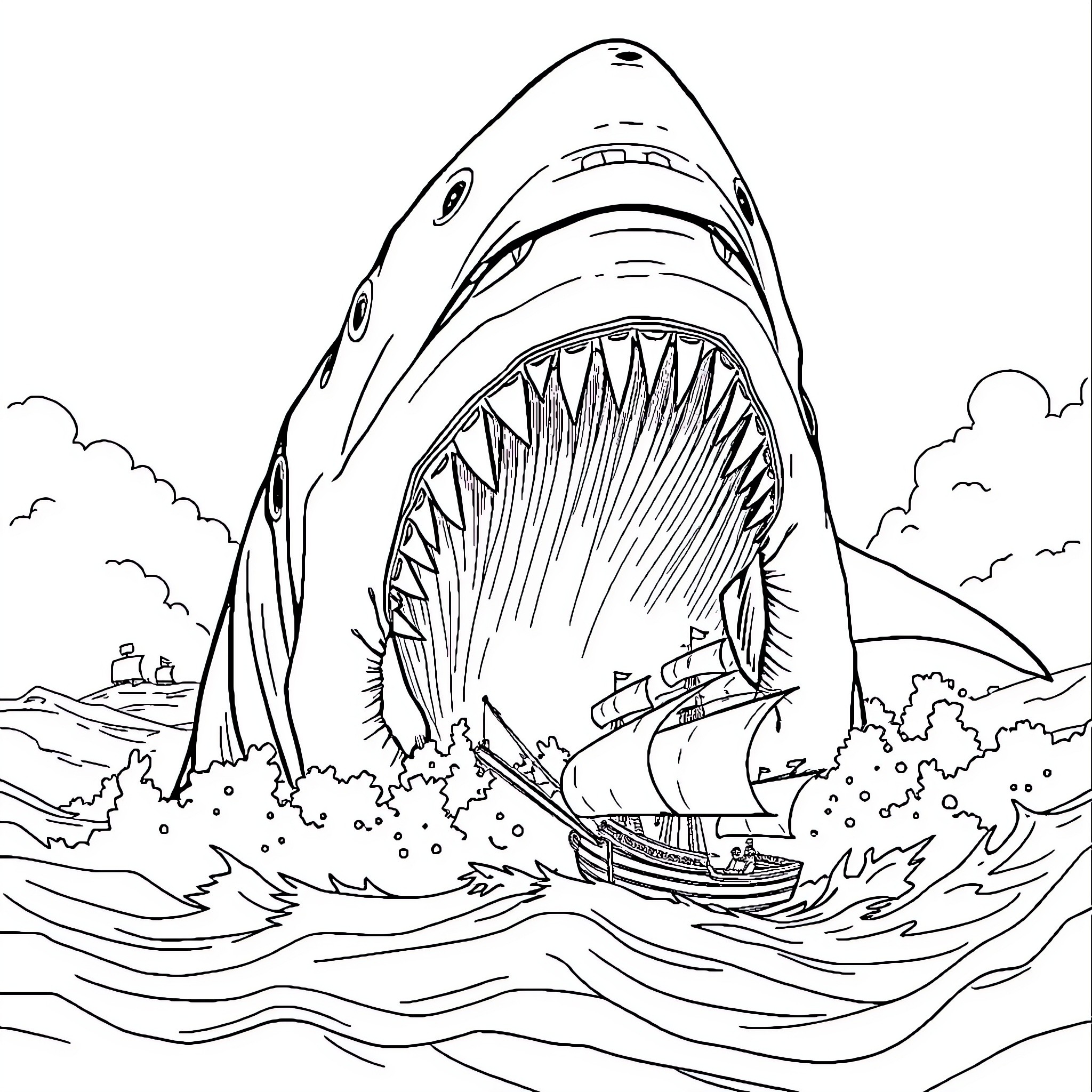 Megalodon attacking a ship at sea Coloring Page (free black-and-white line drawing printable PDF for all, from beginners to advanced learners, including children, teens, adults, and seniors)
