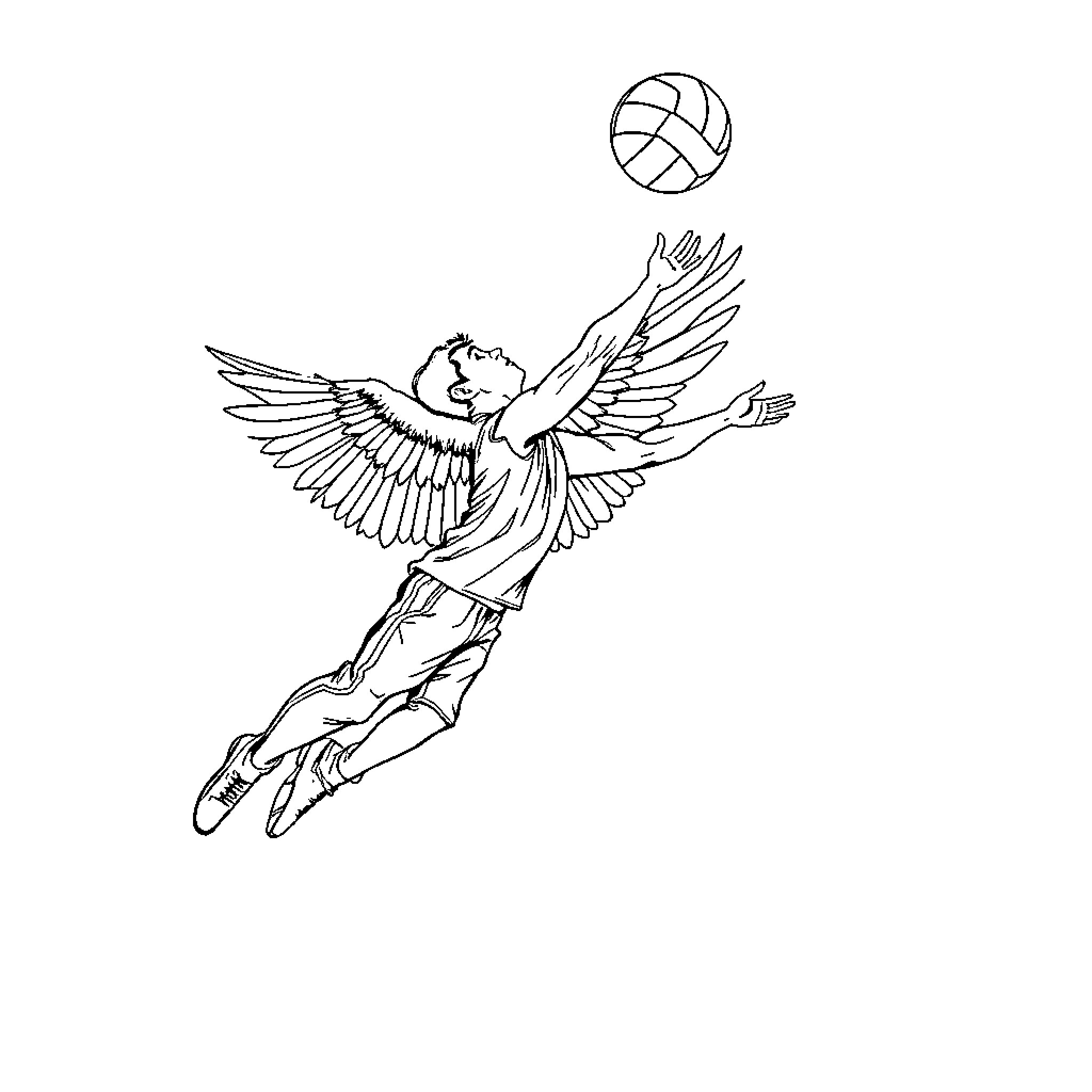Man soaring with wings to catch volleyball Coloring Page (free black-and-white line drawing printable PDF for all, from beginners to advanced learners, including children, teens, adults, and seniors)
