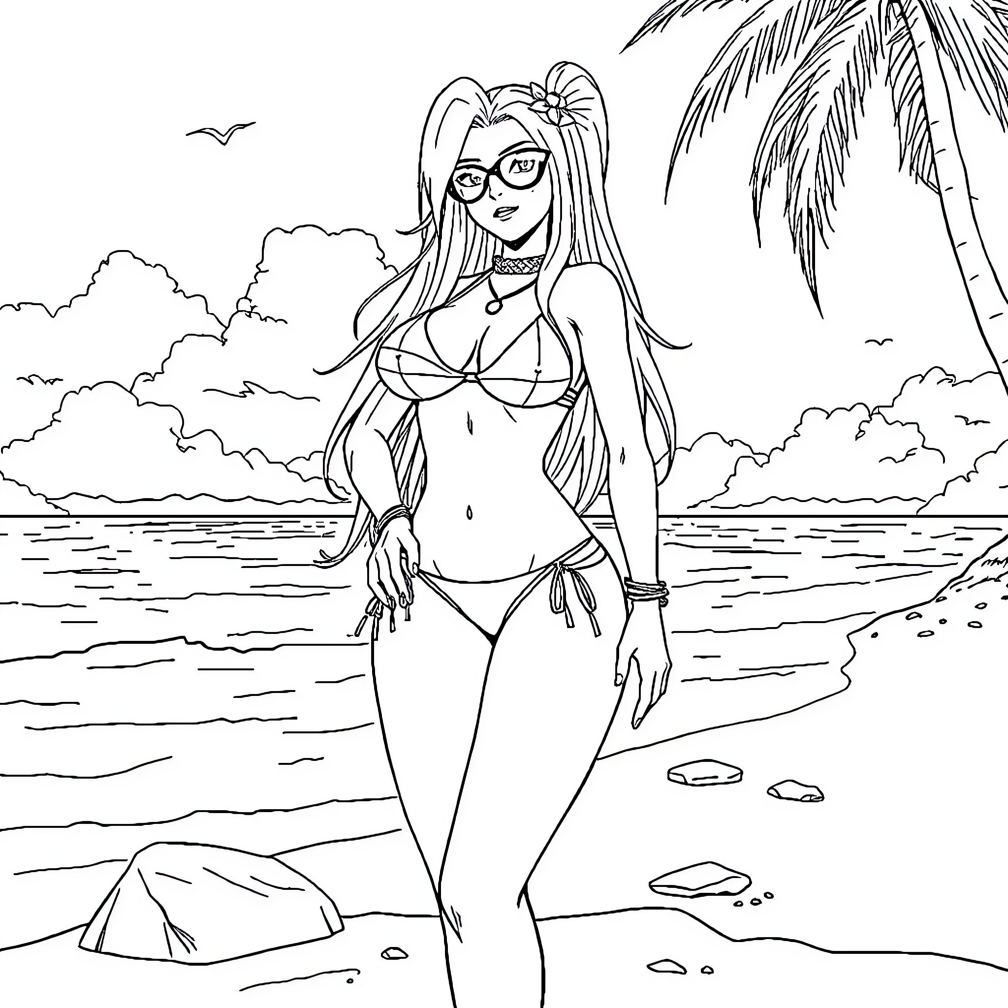 Baiken enjoys a day at the beach Coloring Page (free black-and-white line drawing printable PDF for all, from beginners to advanced learners, including children, teens, adults, and seniors)