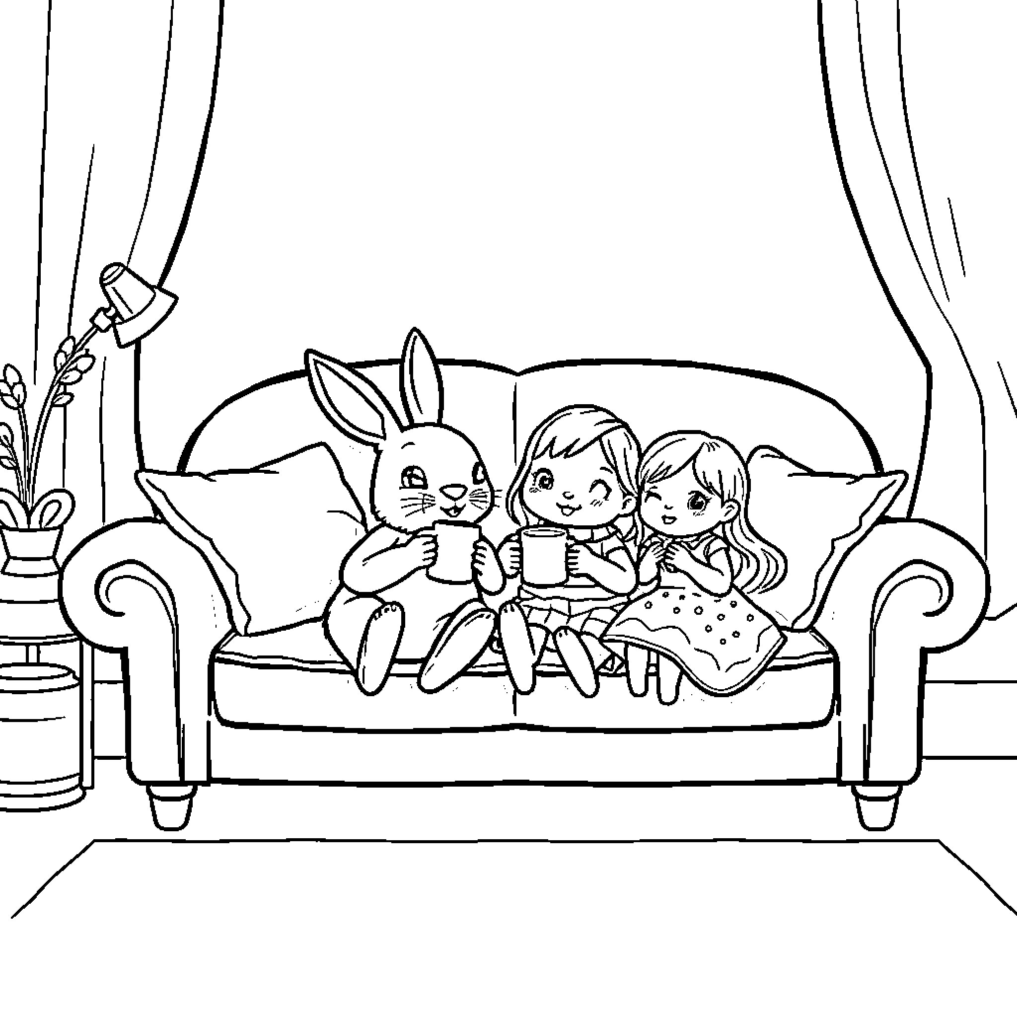 Bunny friends relaxing on couch with girl Coloring Page (free black-and-white line drawing printable PDF for all, from beginners to advanced learners, including children, teens, adults, and seniors)