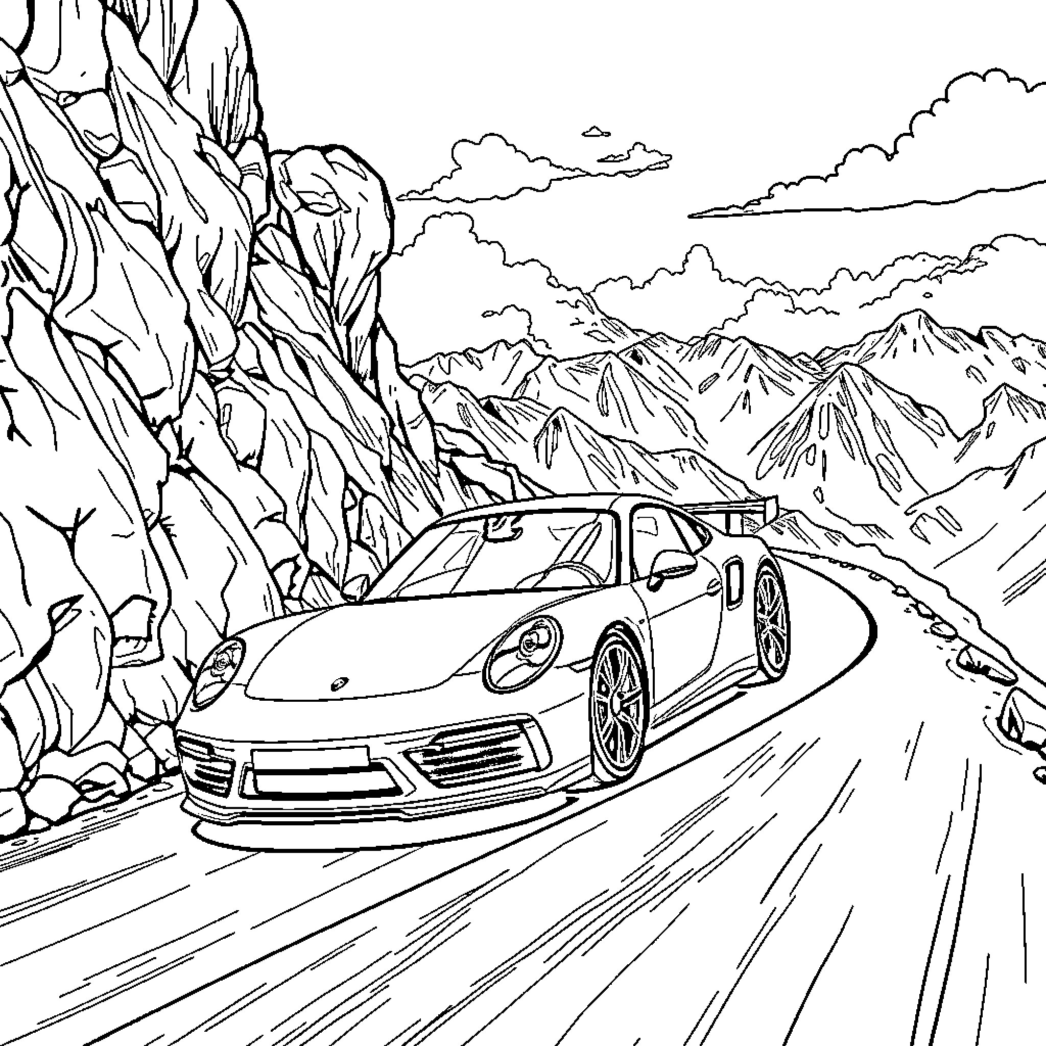 Porsche racing through majestic mountain landscape Coloring Page (free black-and-white line drawing printable PDF for all, from beginners to advanced learners, including children, teens, adults, and seniors)