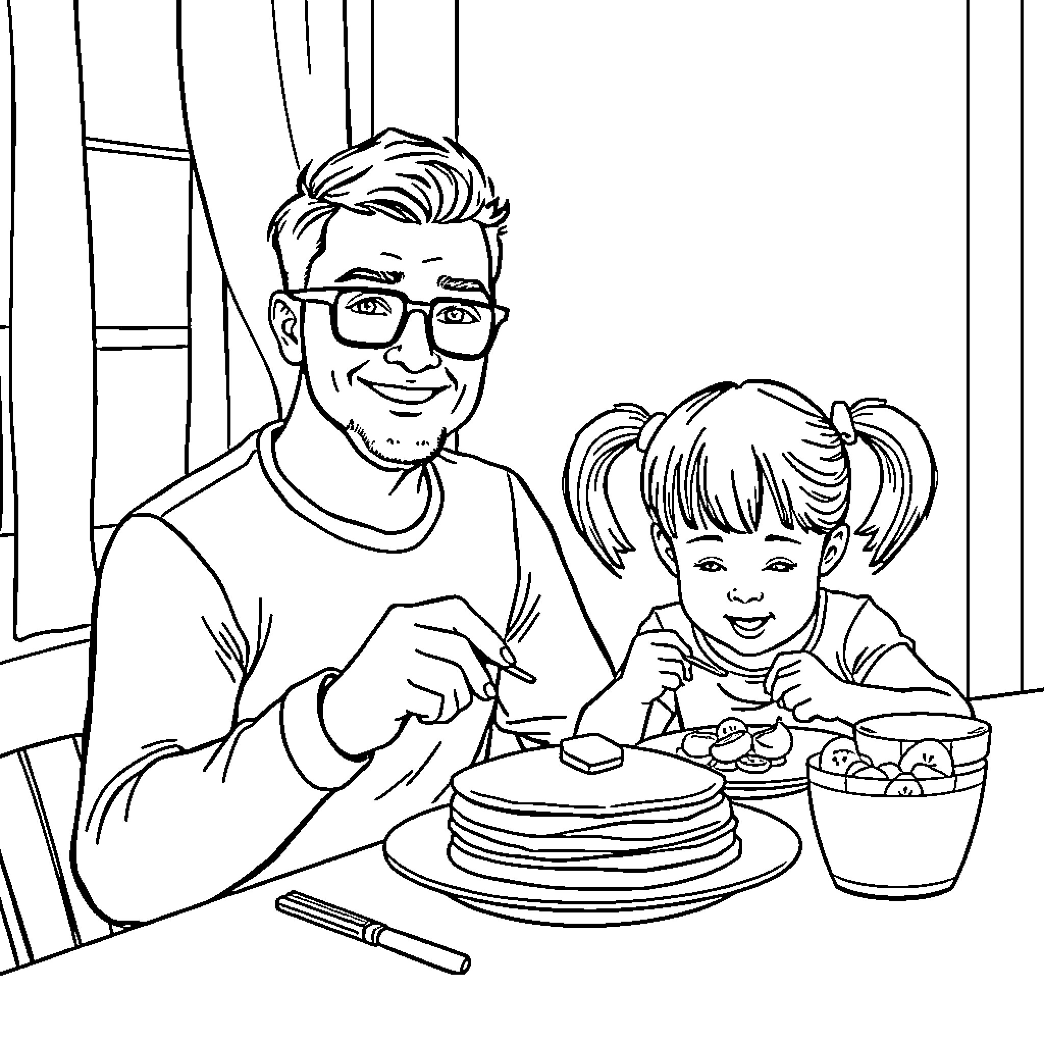 Husband and daughter enjoy breakfast together Coloring Page (free black-and-white line drawing printable PDF for all, from beginners to advanced learners, including children, teens, adults, and seniors)