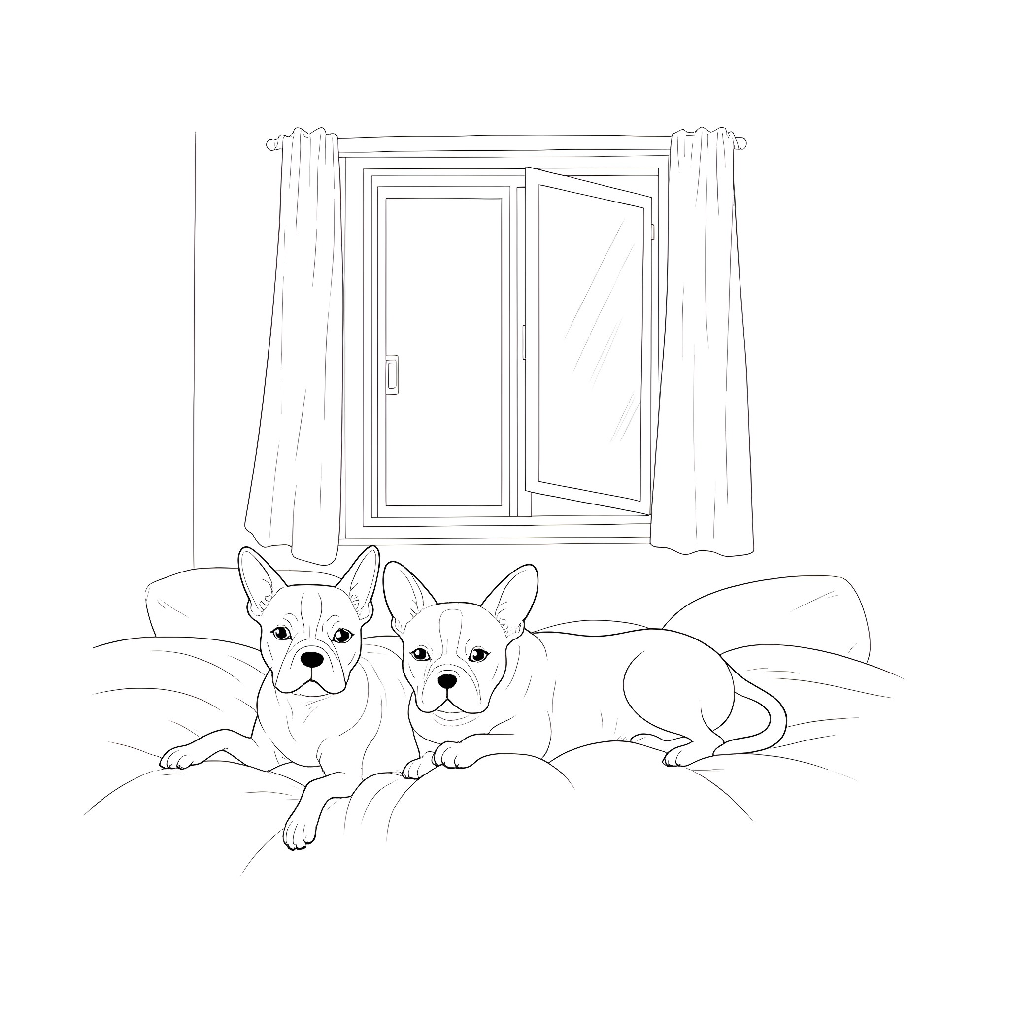 Boston Terrier puppies relaxing on the bed Coloring Page (free black-and-white line drawing printable PDF for all, from beginners to advanced learners, including children, teens, adults, and seniors)