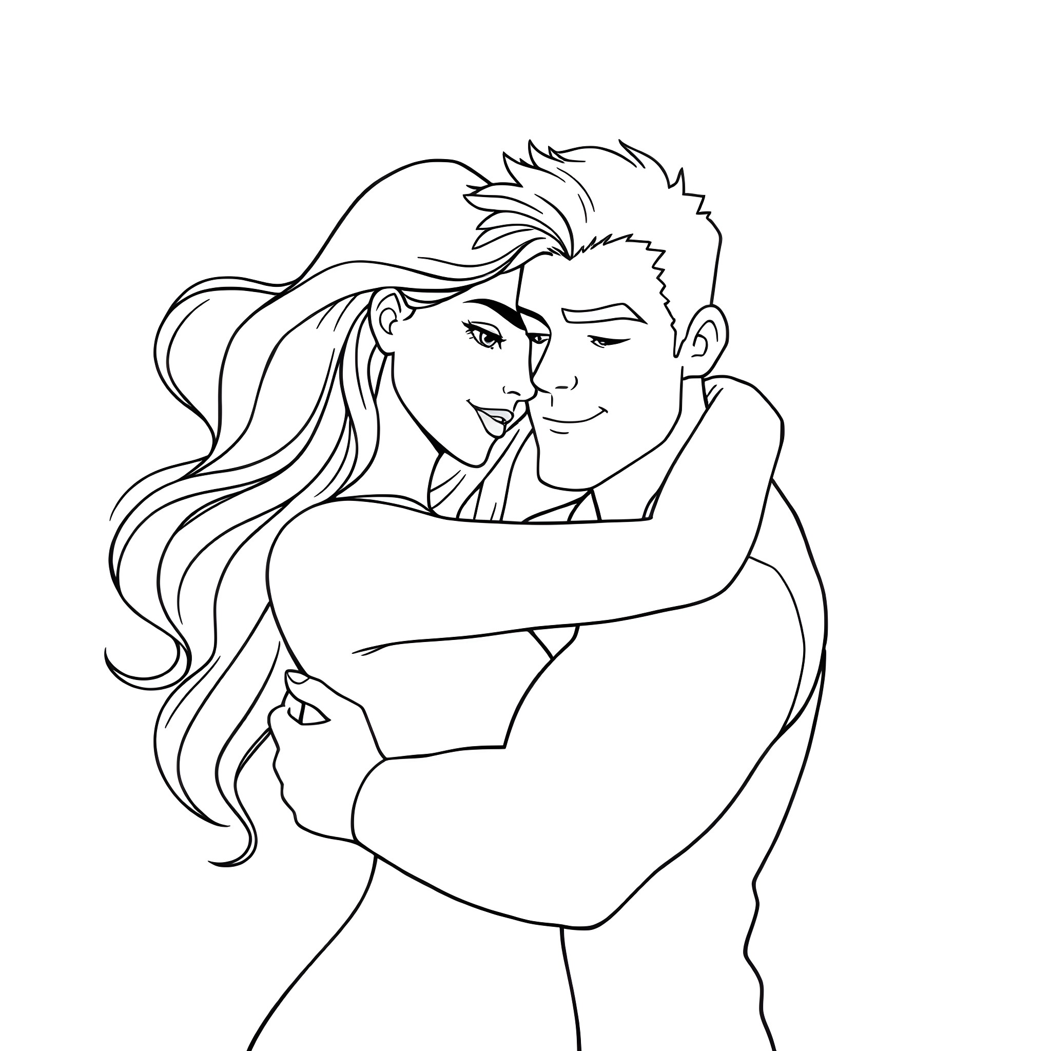 Couple embracing affectionately in a tender moment Coloring Page (free black-and-white line drawing printable PDF for all, from beginners to advanced learners, including children, teens, adults, and seniors)