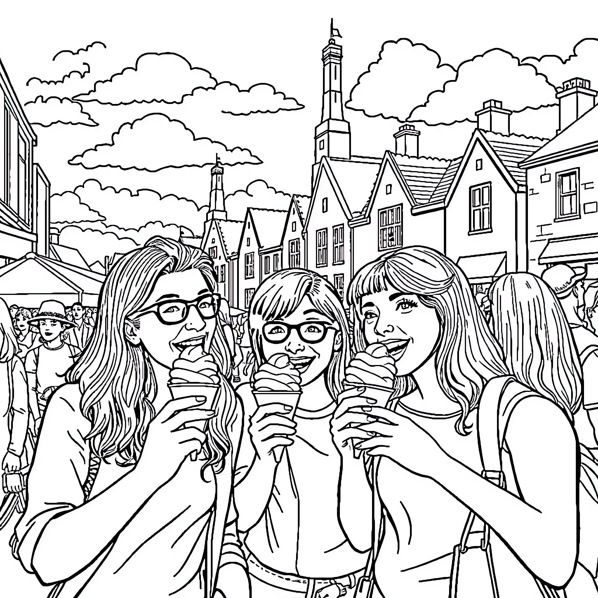 Yorkshire friends exploring the vibrant city Coloring Page (free black-and-white line drawing printable PDF for all, from beginners to advanced learners, including children, teens, adults, and seniors)