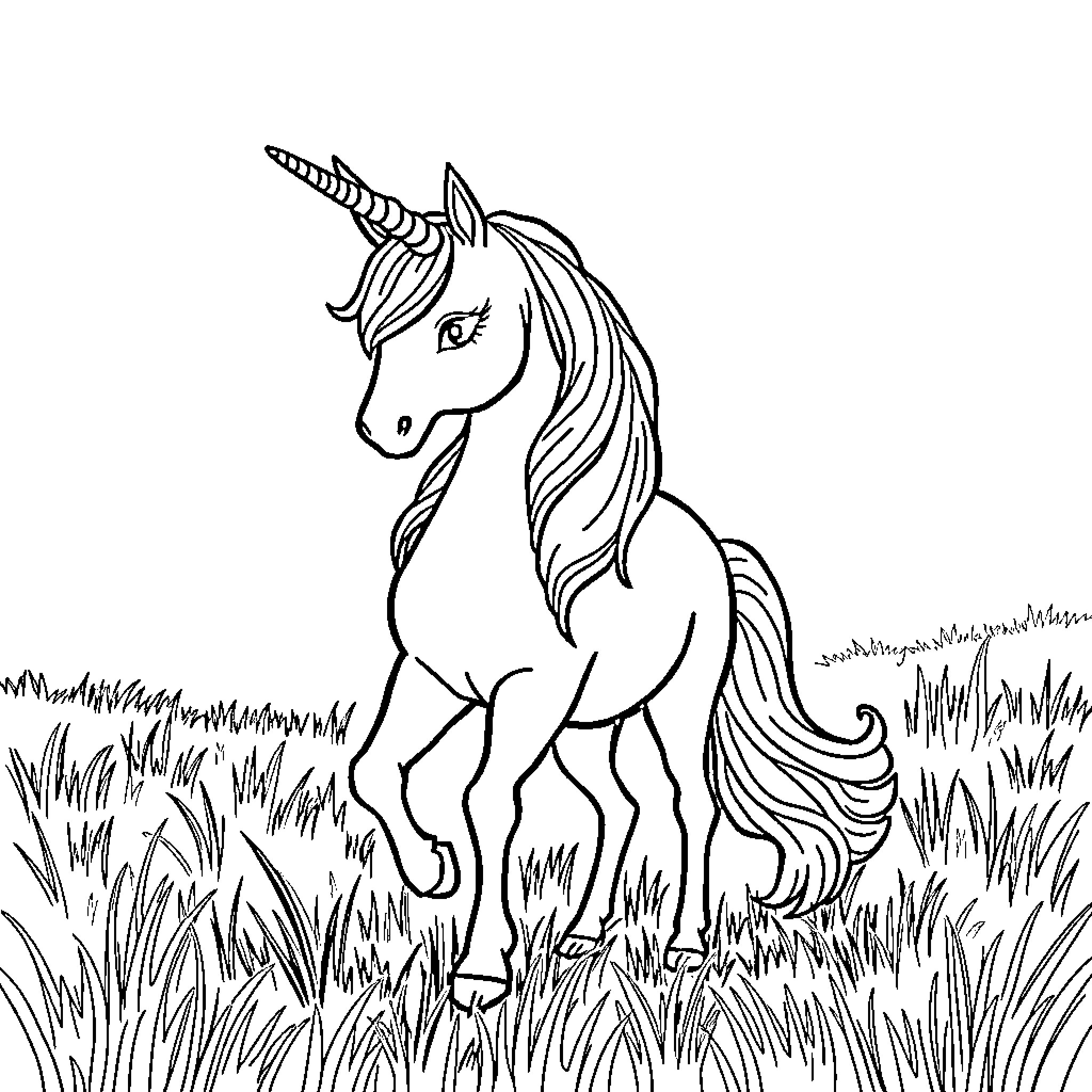 Unicorn in a grassy field Coloring Page (free black-and-white line drawing printable PDF for all, from beginners to advanced learners, including children, teens, adults, and seniors)