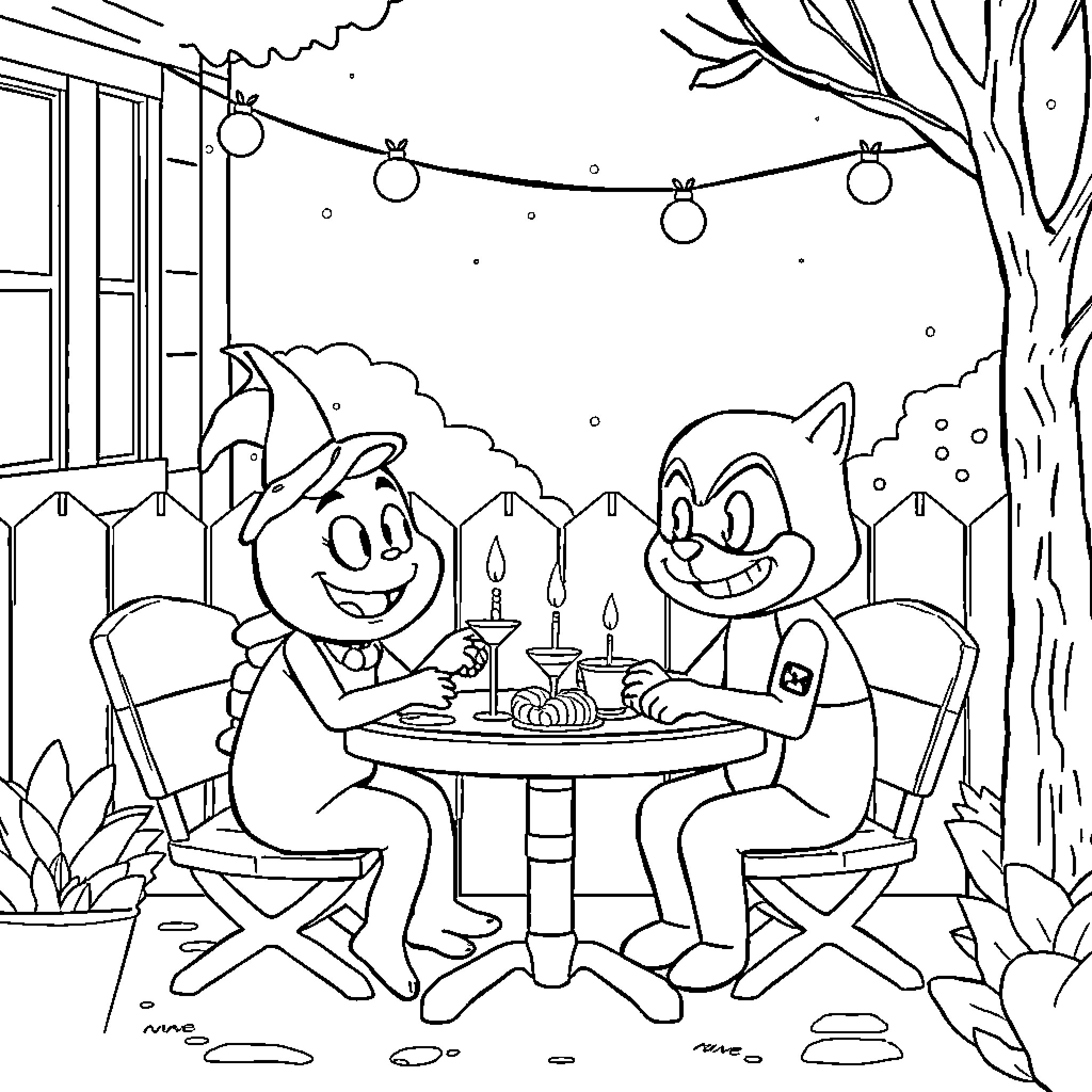Chili characters enjoying outdoor dining experience Coloring Page (free black-and-white line drawing printable PDF for all, from beginners to advanced learners, including children, teens, adults, and seniors)