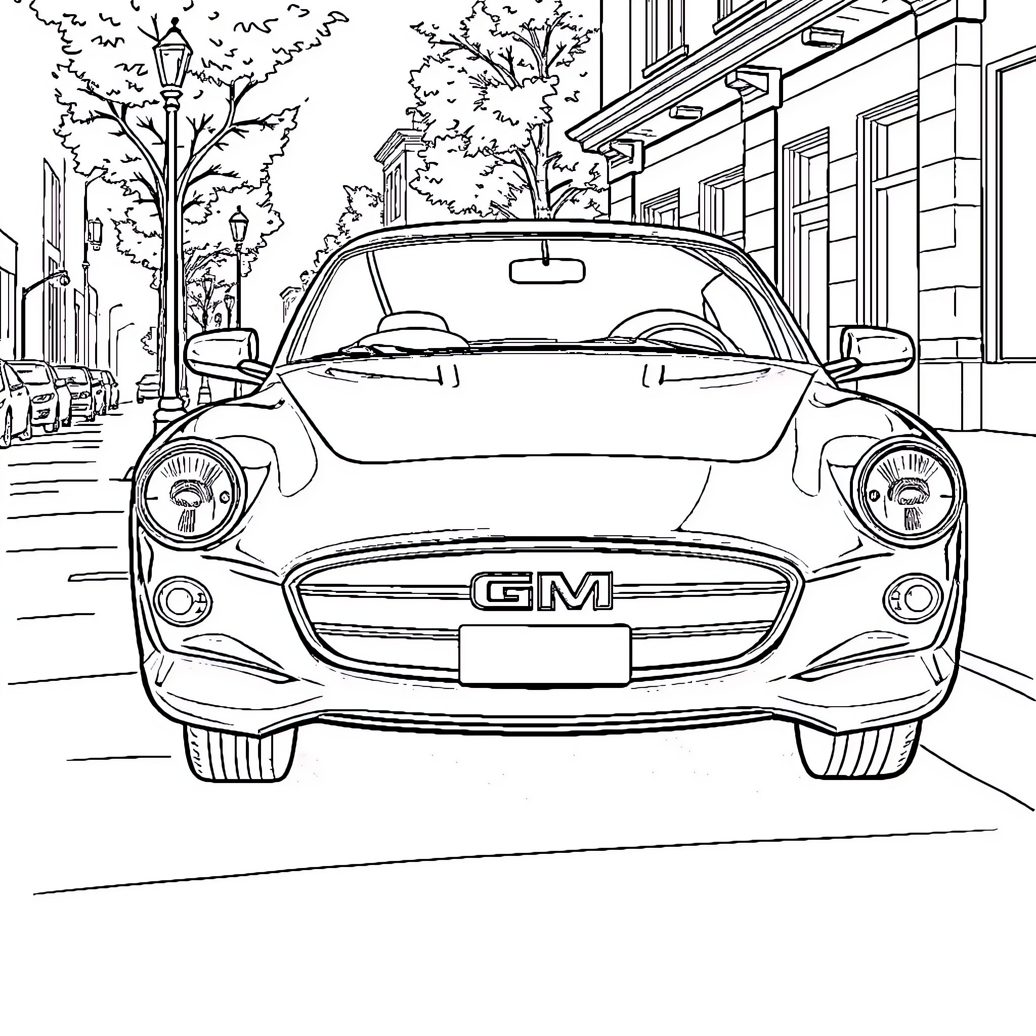 Car in front of city street scene Coloring Page (free black-and-white line drawing printable PDF for all, from beginners to advanced learners, including children, teens, adults, and seniors)