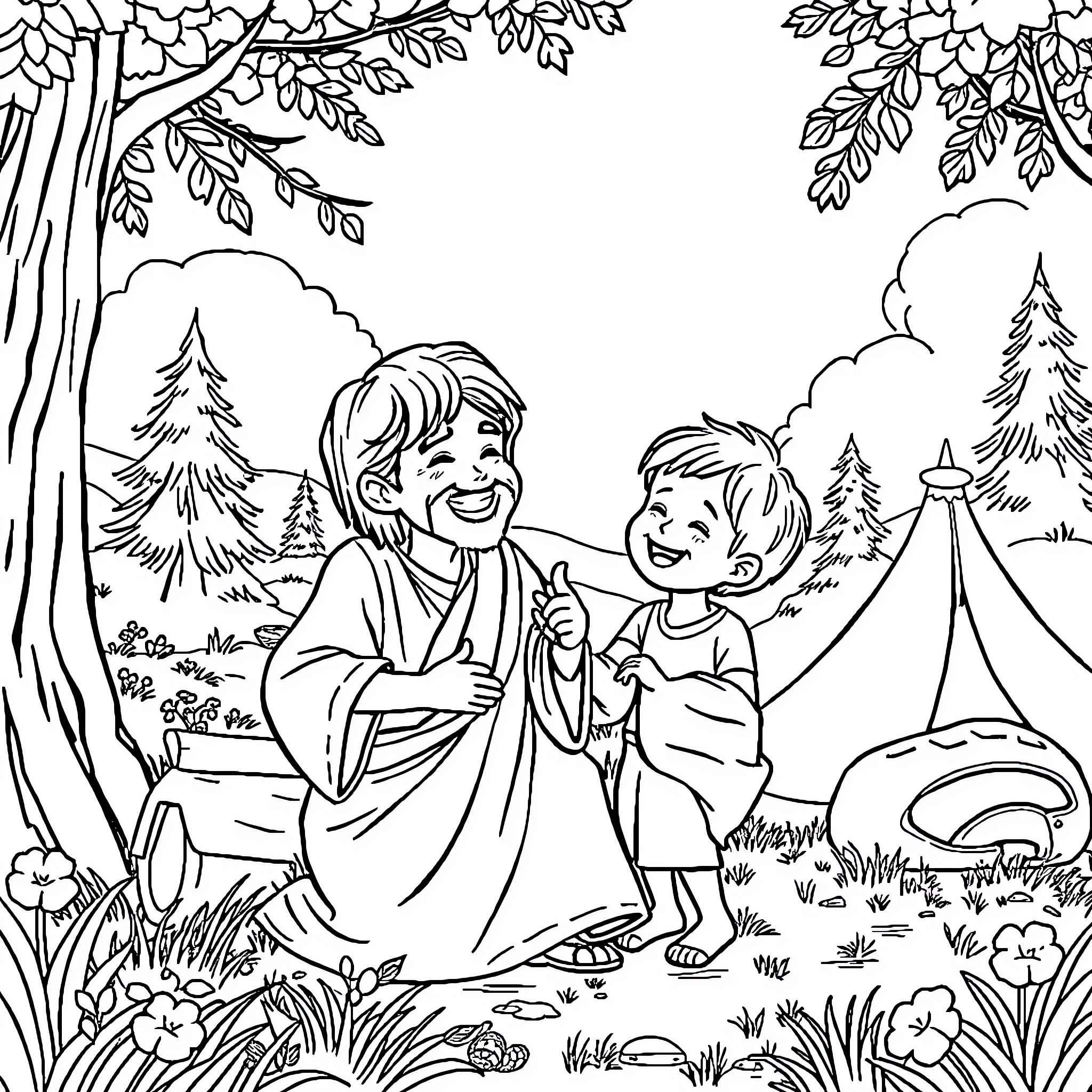 Niño children playing happily in the forest Coloring Page (free black-and-white line drawing printable PDF for all, from beginners to advanced learners, including children, teens, adults, and seniors)
