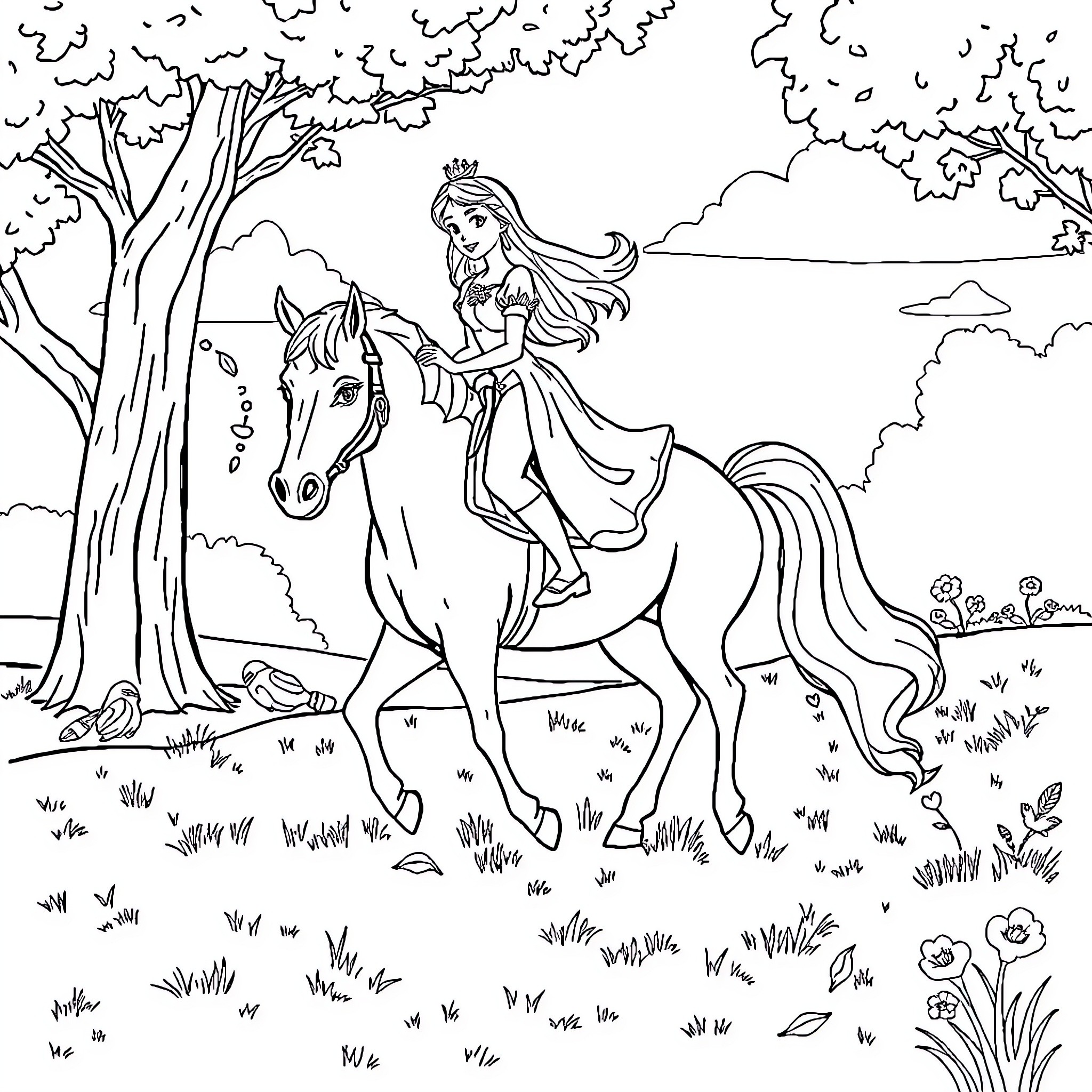 Princess riding a horse through a forest scene Coloring Page (free black-and-white line drawing printable PDF for all, from beginners to advanced learners, including children, teens, adults, and seniors)