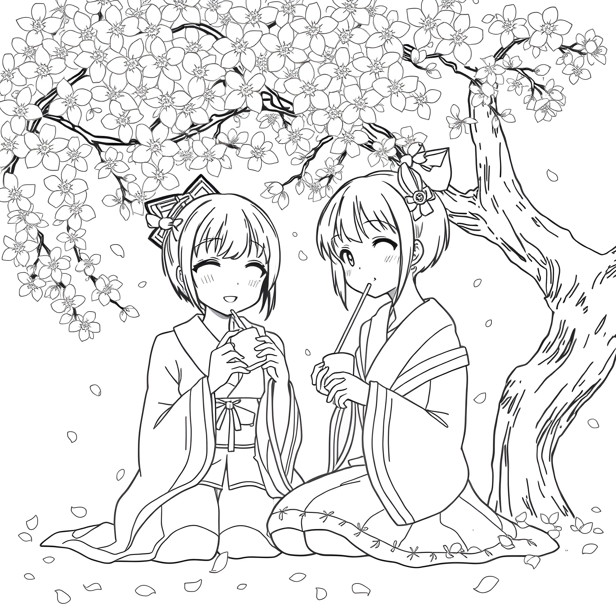 Demon Slayer Characters in Cherry Blossom Scenery Coloring Page (free black-and-white line drawing printable PDF for all, from beginners to advanced learners, including children, teens, adults, and seniors)