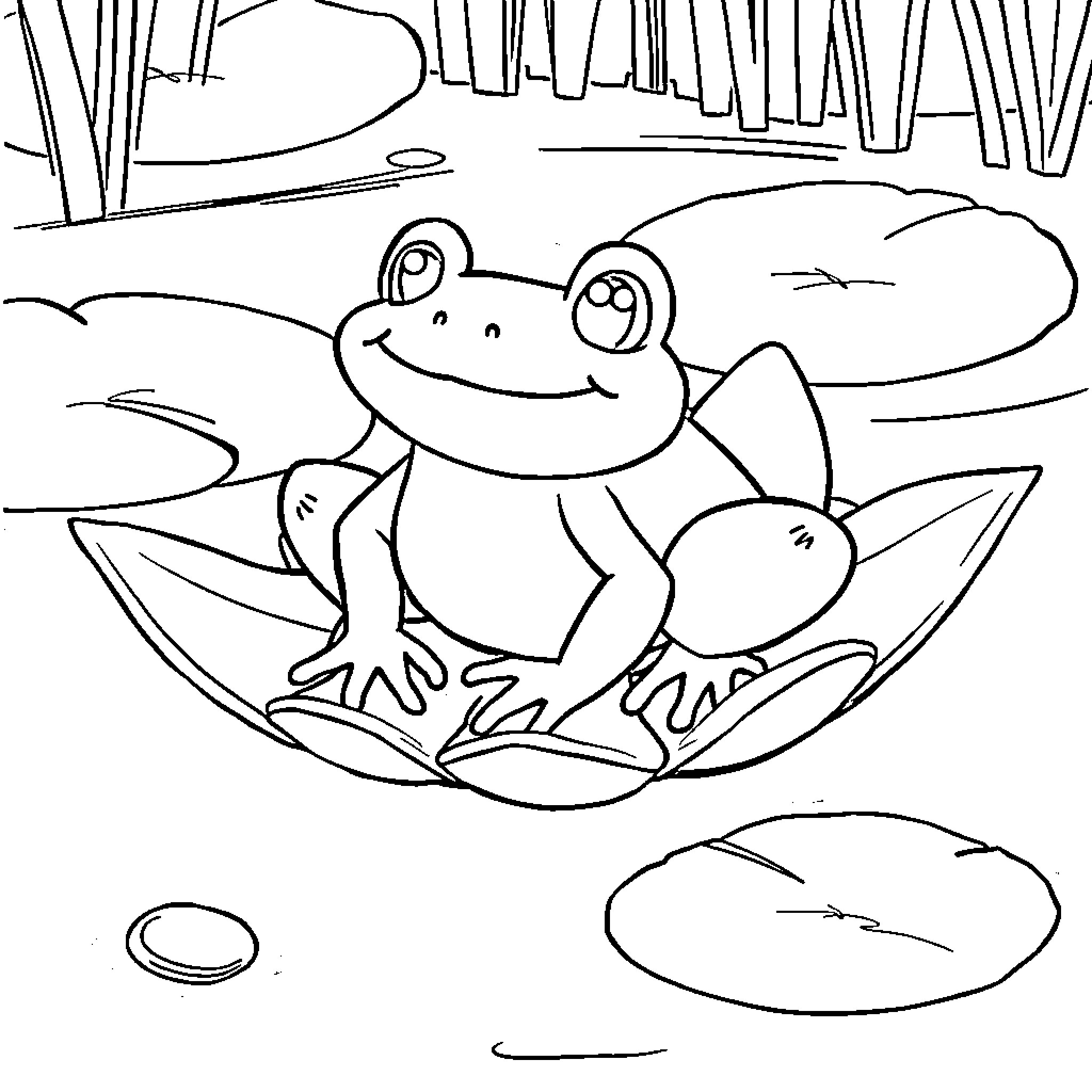 Frog sitting on a leaf in nature Coloring Page (free black-and-white line drawing printable PDF for all, from beginners to advanced learners, including children, teens, adults, and seniors)