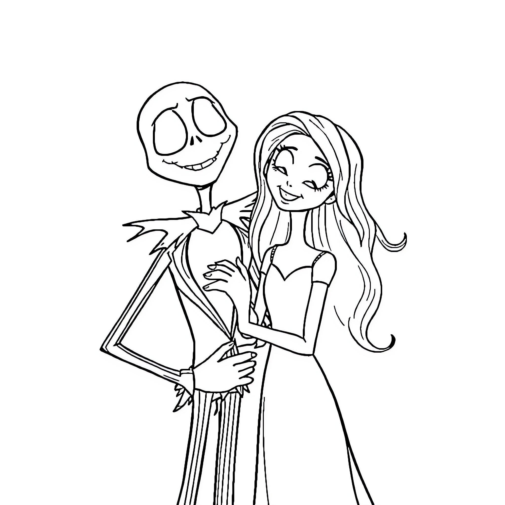 Jack and the Skeletal Companion Embrace Coloring Page (free black-and-white line drawing printable PDF for all, from beginners to advanced learners, including children, teens, adults, and seniors)