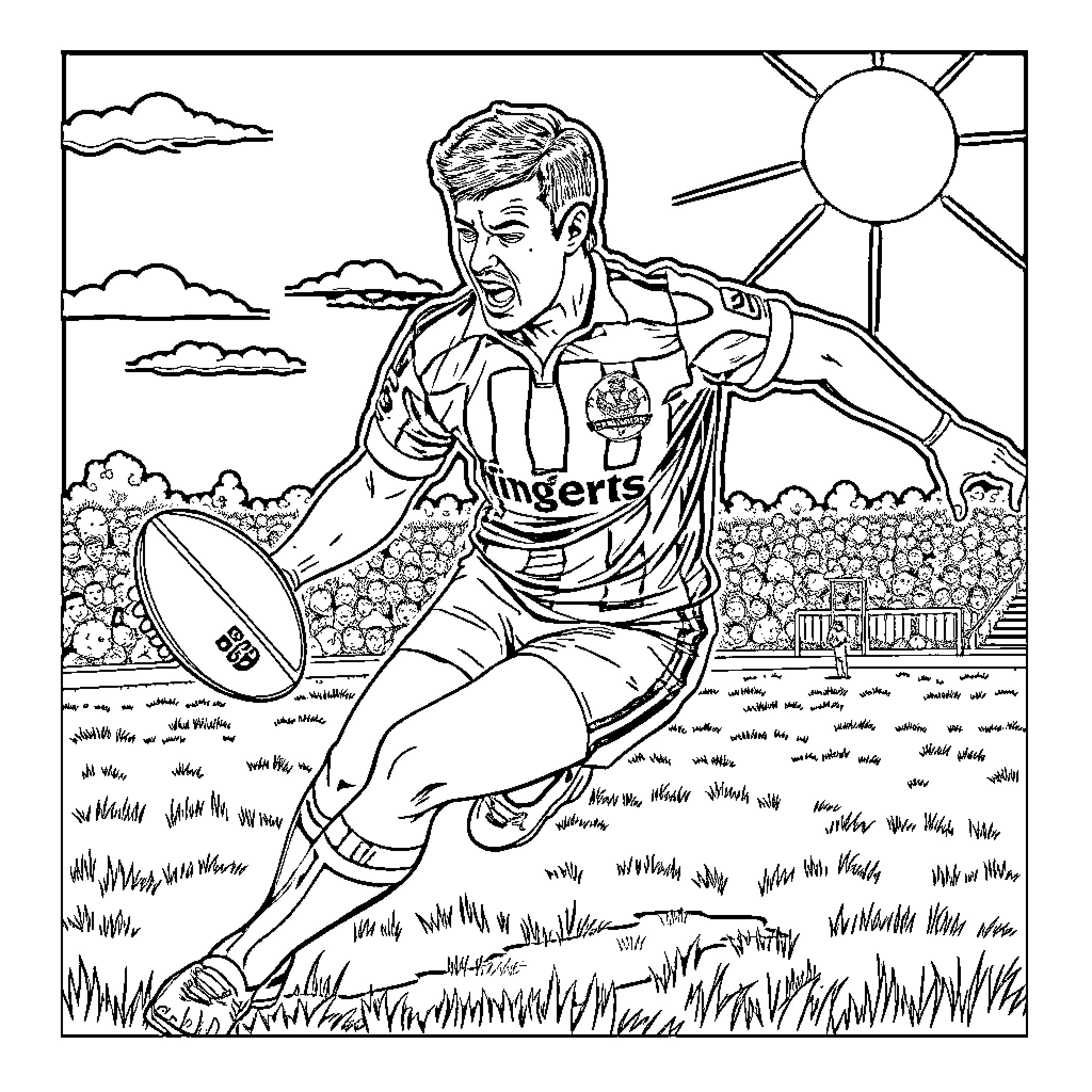 Freddie Mercury playing rugby on a sunny day Coloring Page (free black-and-white line drawing printable PDF for all, from beginners to advanced learners, including children, teens, adults, and seniors)