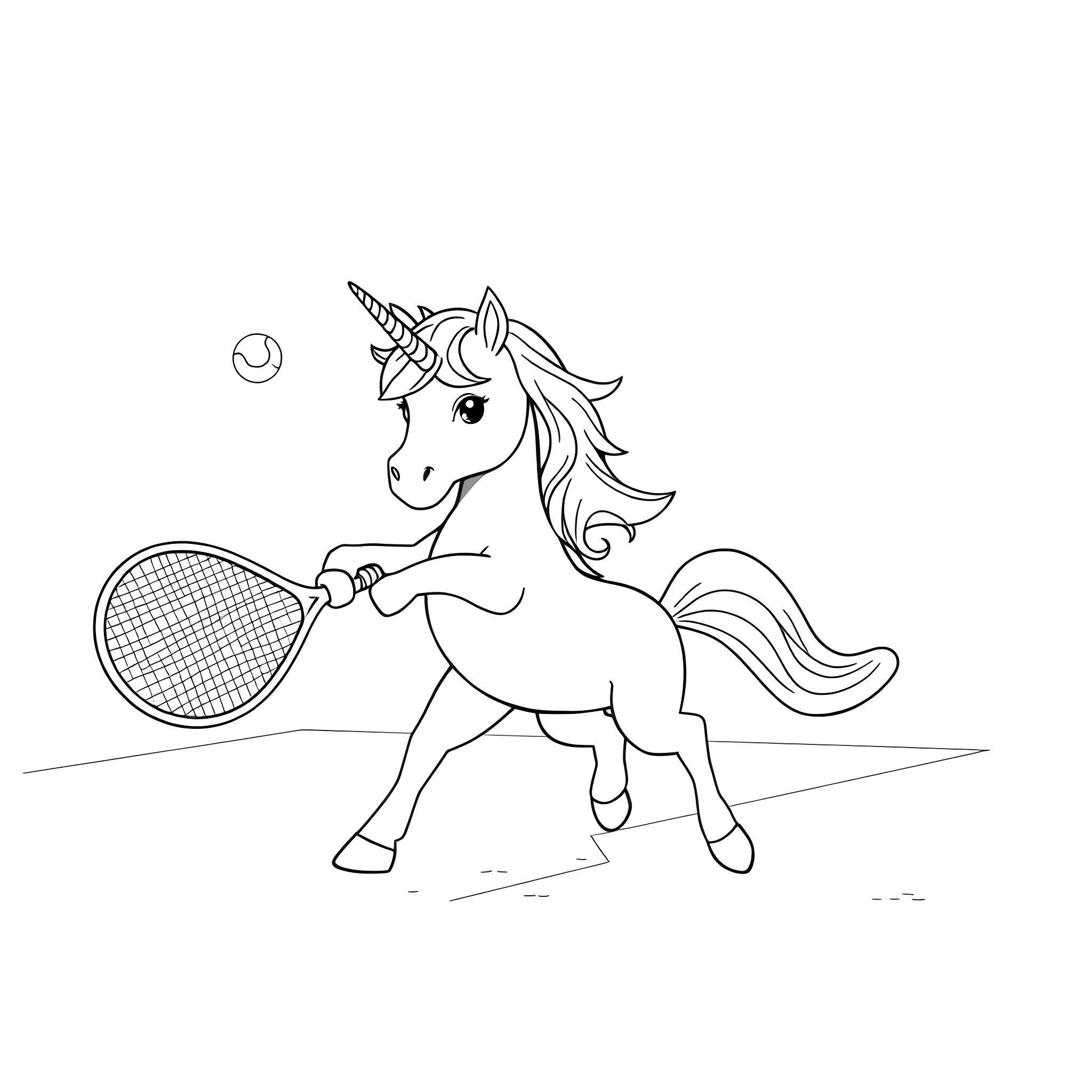 Unicorn playing tennis on the court Coloring Page (free black-and-white line drawing printable PDF for all, from beginners to advanced learners, including children, teens, adults, and seniors)