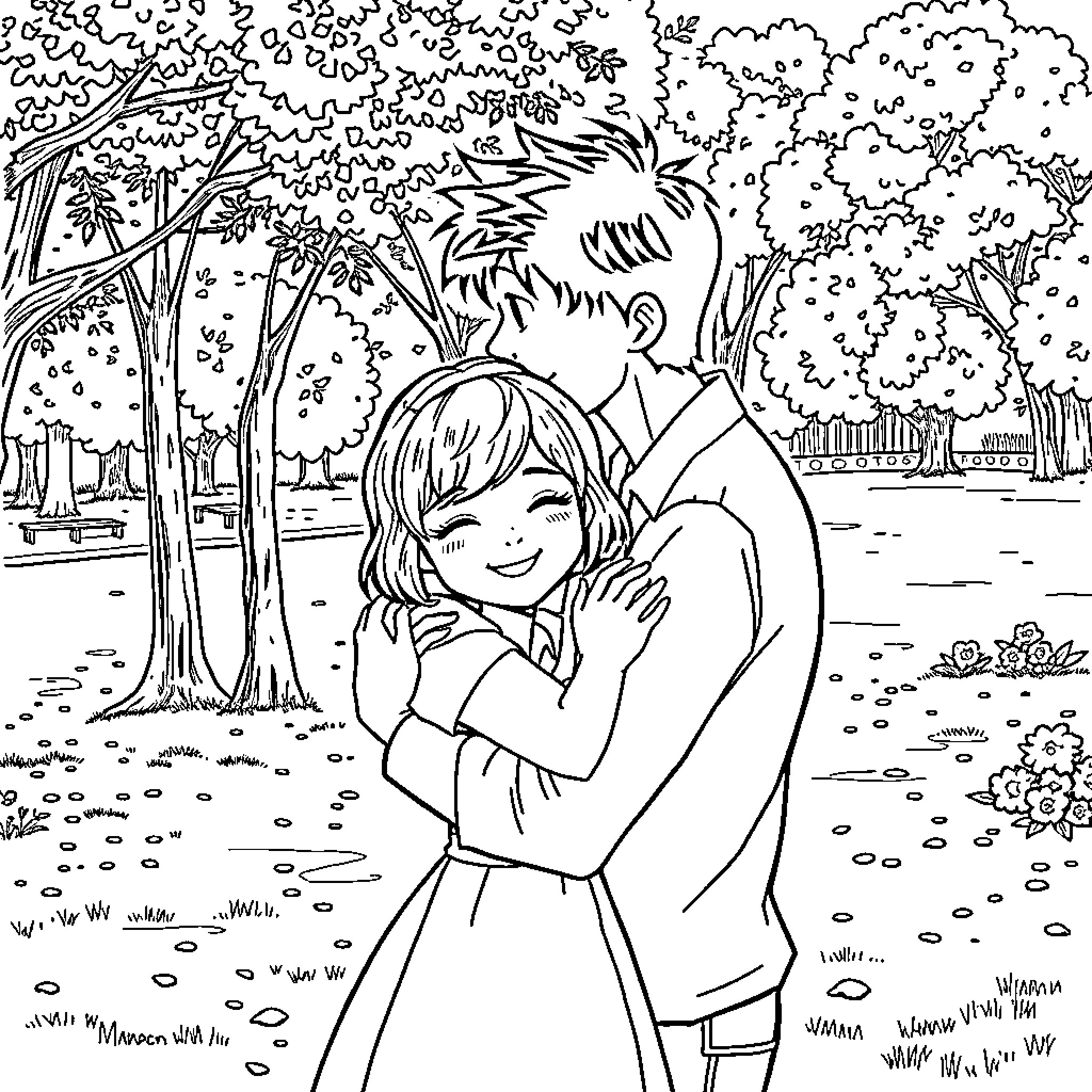 Alice Cullen embracing her partner in a cozy forest Coloring Page (free black-and-white line drawing printable PDF for all, from beginners to advanced learners, including children, teens, adults, and seniors)