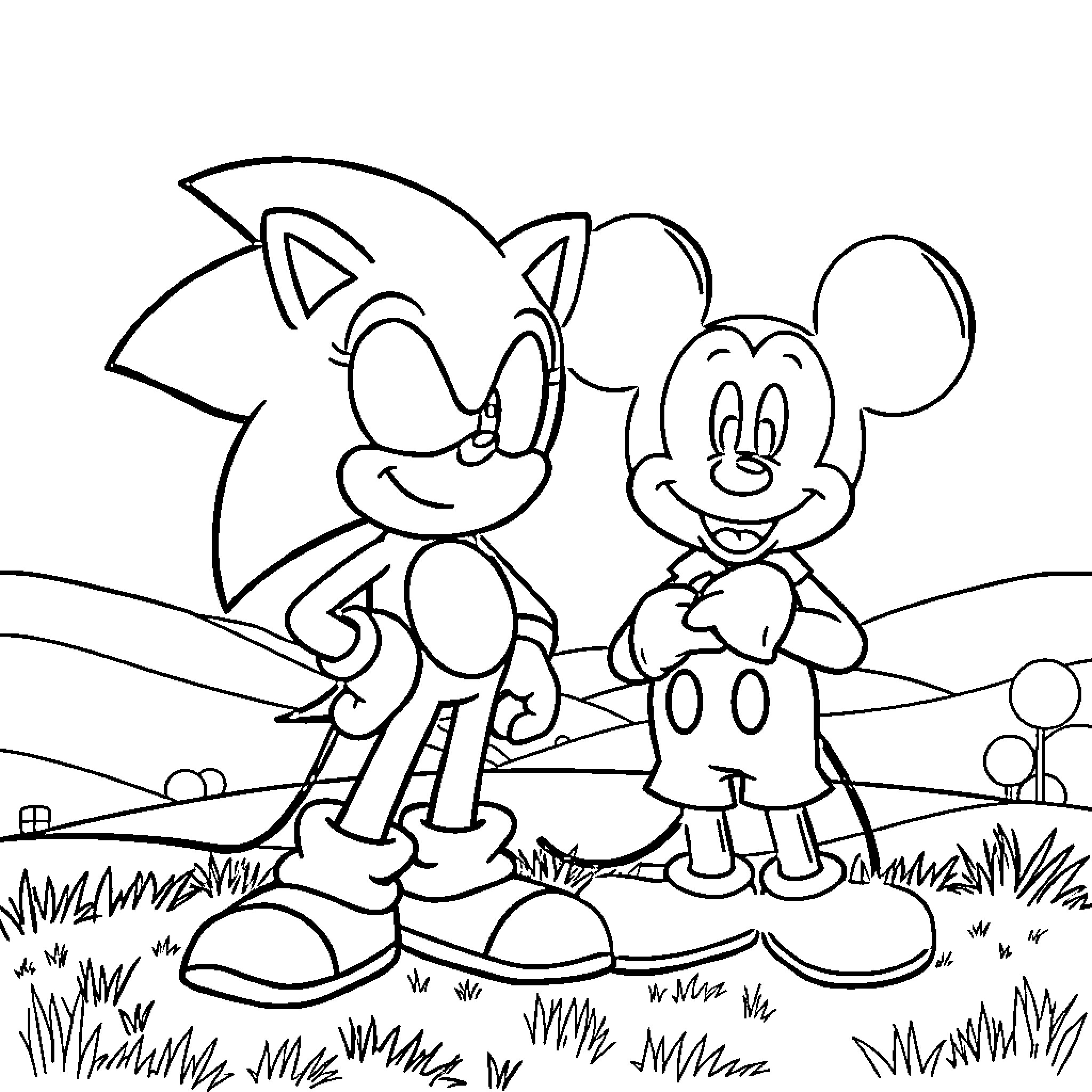 Sonic and Mickey Mouse enjoying a sunny day outdoors Coloring Page (free black-and-white line drawing printable PDF for all, from beginners to advanced learners, including children, teens, adults, and seniors)