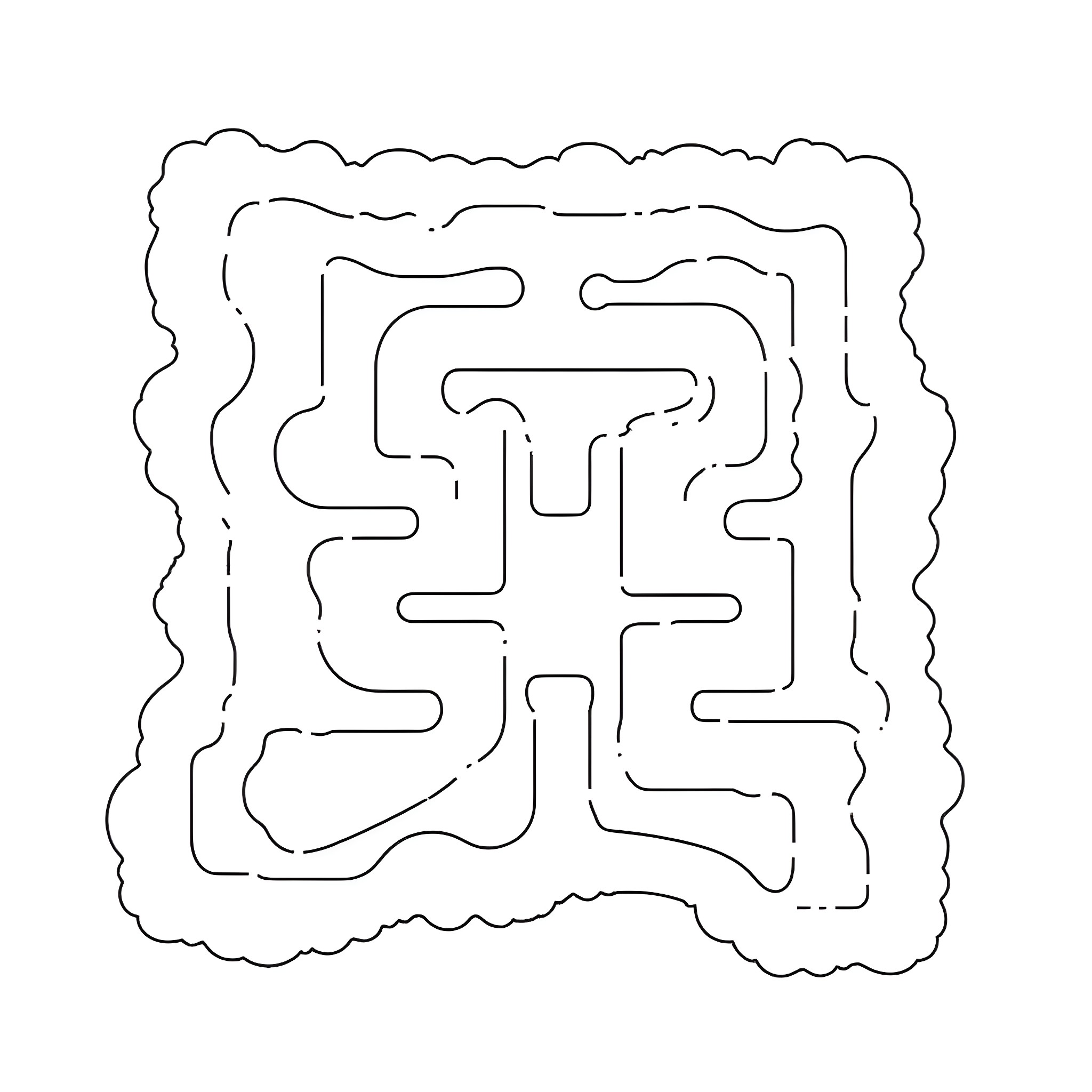 Pacman navigating a complex maze Coloring Page (free black-and-white line drawing printable PDF for all, from beginners to advanced learners, including children, teens, adults, and seniors)