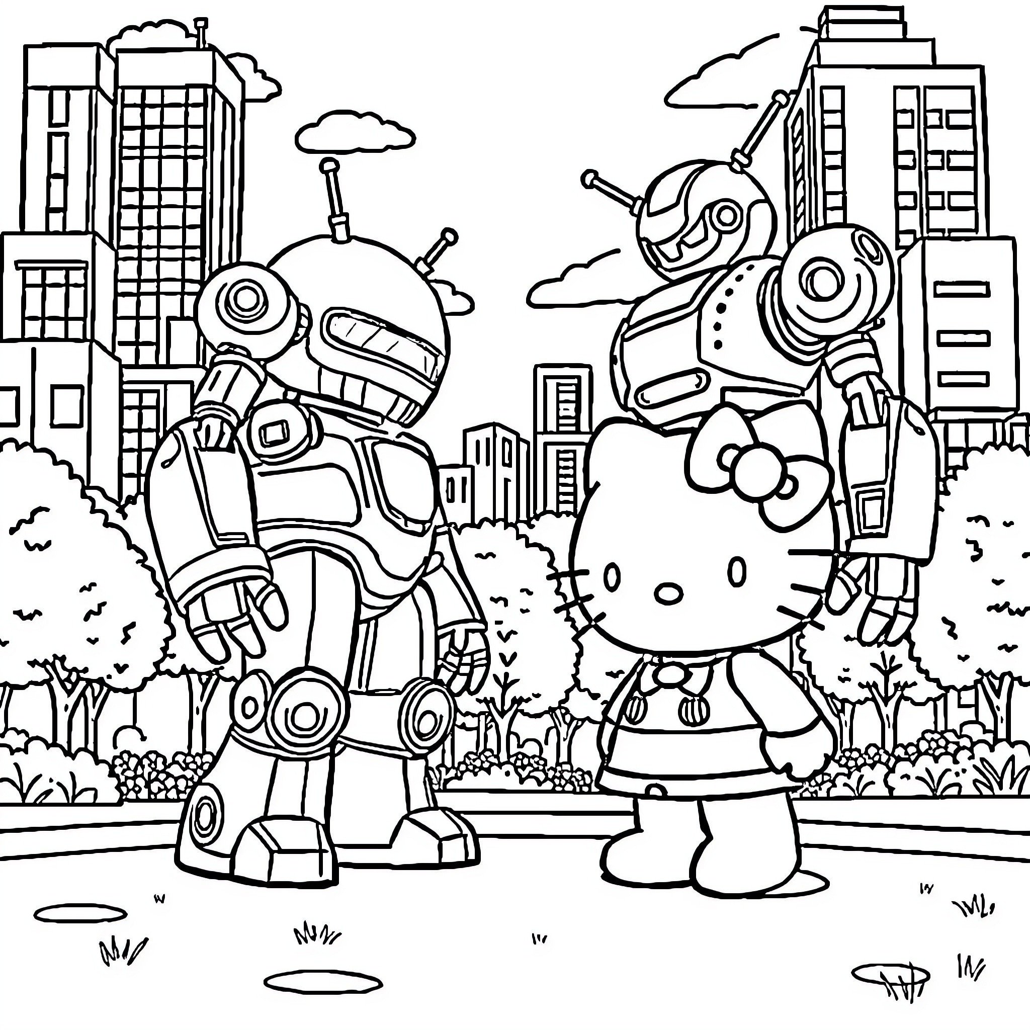 Hello Kitty and Robotic Companions in the City Coloring Page (free black-and-white line drawing printable PDF for all, from beginners to advanced learners, including children, teens, adults, and seniors)