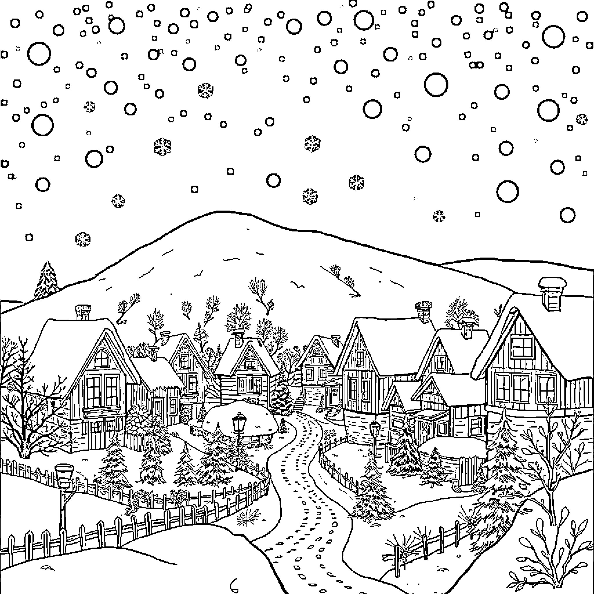 Village Snowfall Scenery with Cozy Cottages Coloring Page (free black-and-white line drawing printable PDF for all, from beginners to advanced learners, including children, teens, adults, and seniors)