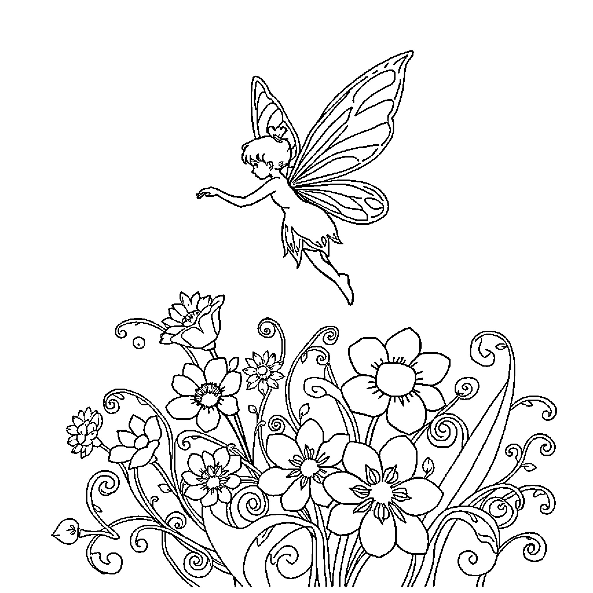 Fairy flying amidst whimsical floral scene Coloring Page (free black-and-white line drawing printable PDF for all, from beginners to advanced learners, including children, teens, adults, and seniors)