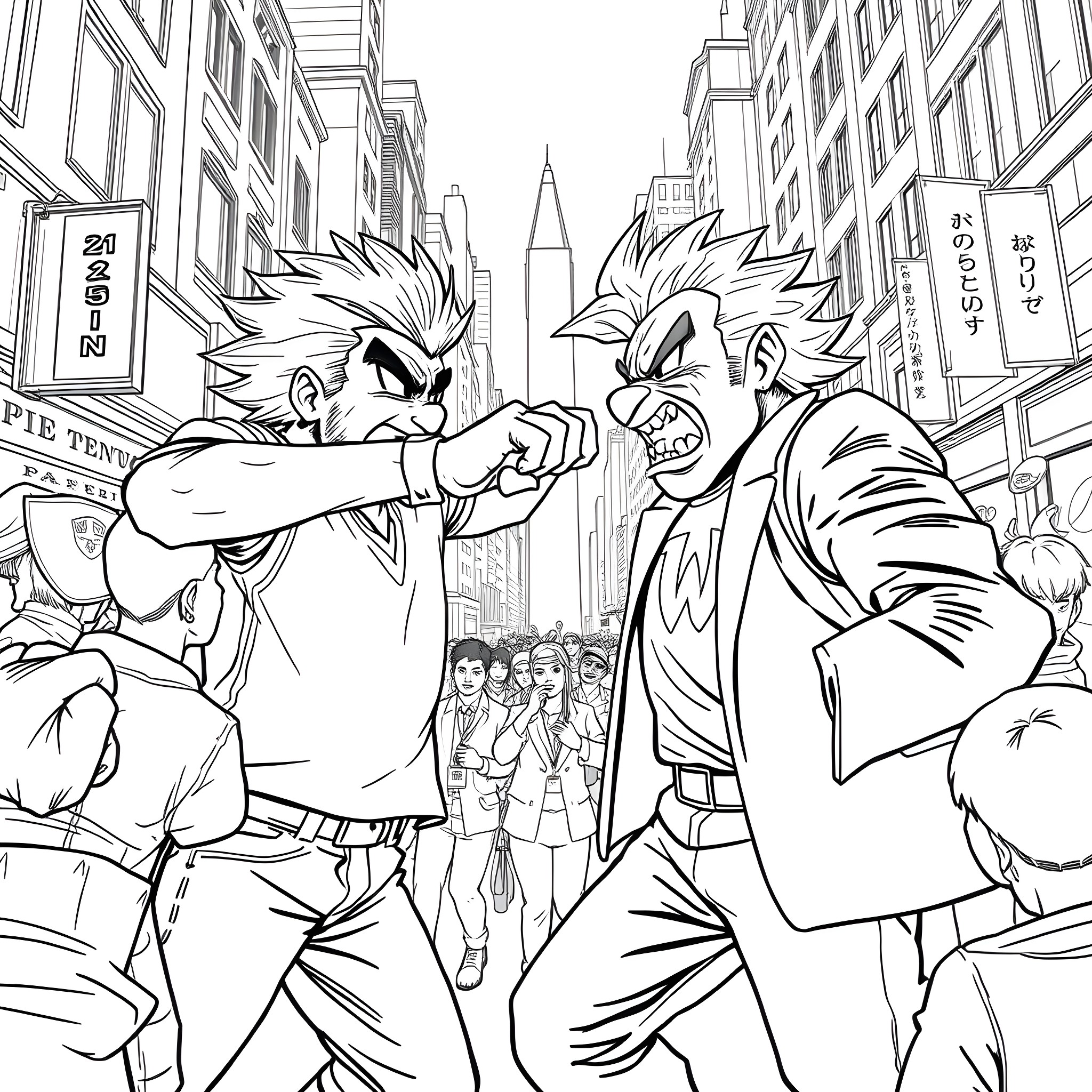 Daniel Larson fights street thugs in the city Coloring Page (free black-and-white line drawing printable PDF for all, from beginners to advanced learners, including children, teens, adults, and seniors)