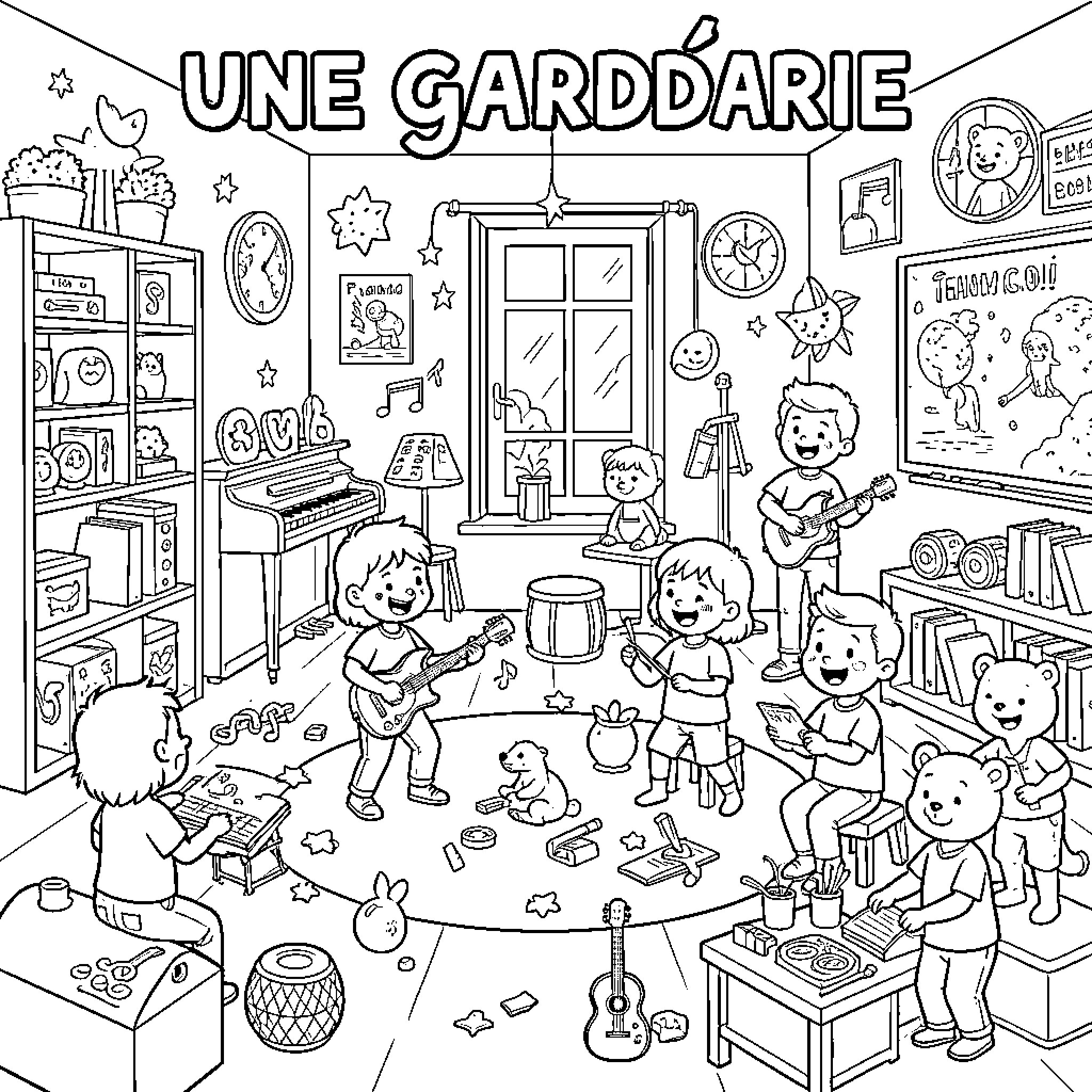 Garderie scene with children playing music and toys Coloring Page (free black-and-white line drawing printable PDF for all, from beginners to advanced learners, including children, teens, adults, and seniors)