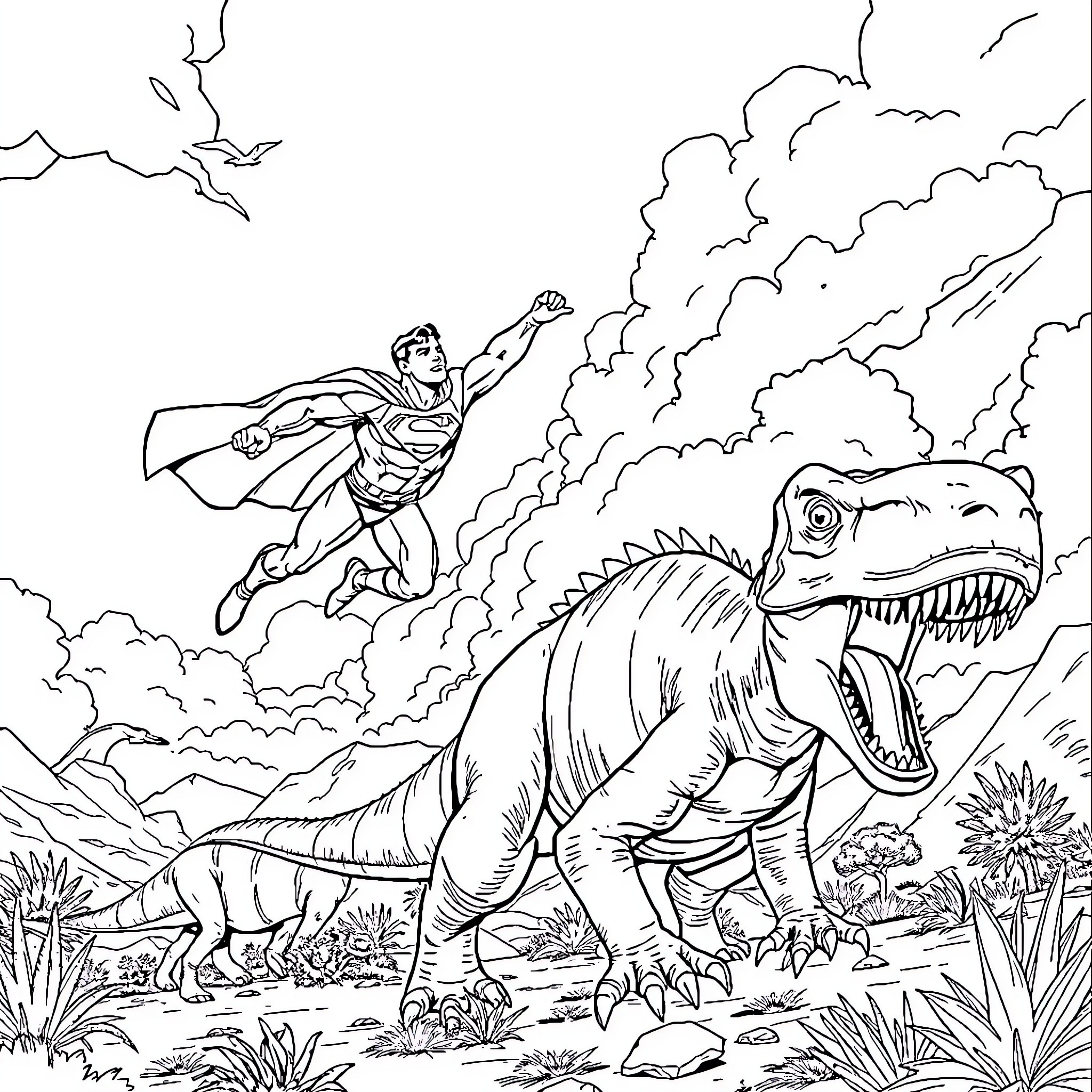 Superman fighting a ferocious dinosaur Coloring Page (free black-and-white line drawing printable PDF for all, from beginners to advanced learners, including children, teens, adults, and seniors)