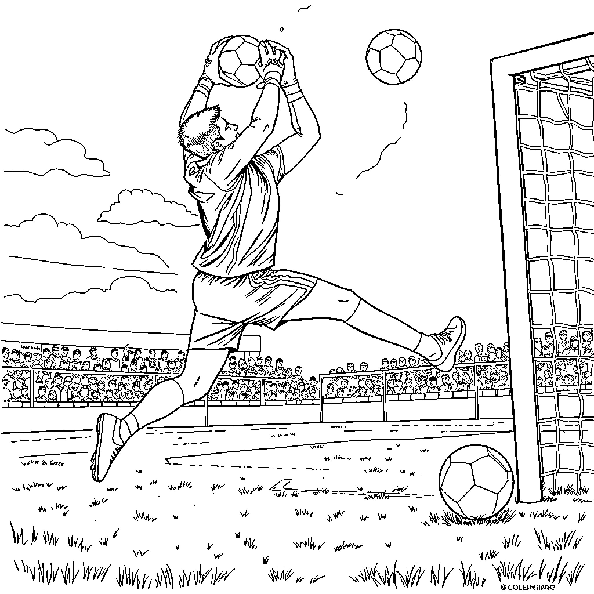 Goalkeeper making a spectacular save on the field Coloring Page (free black-and-white line drawing printable PDF for all, from beginners to advanced learners, including children, teens, adults, and seniors)