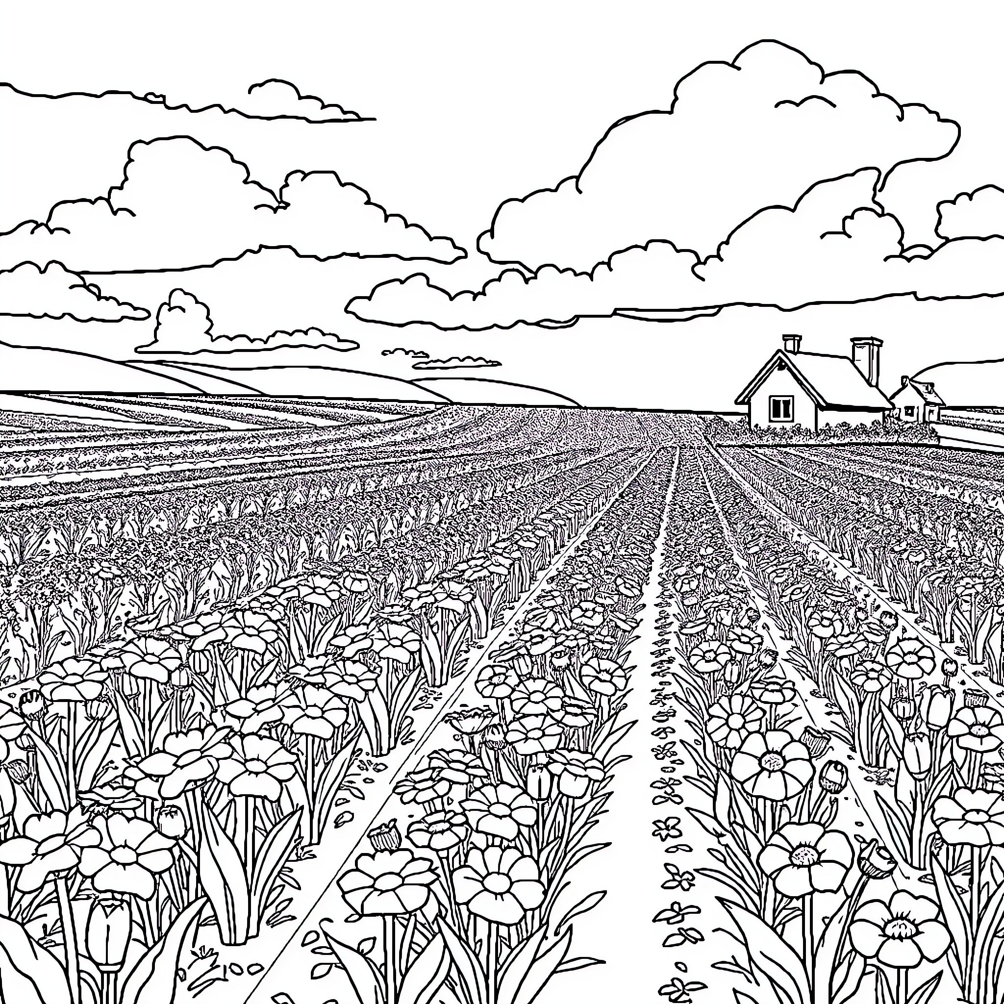 Flower field with rural landscape and cloudy sky Coloring Page (free black-and-white line drawing printable PDF for all, from beginners to advanced learners, including children, teens, adults, and seniors)