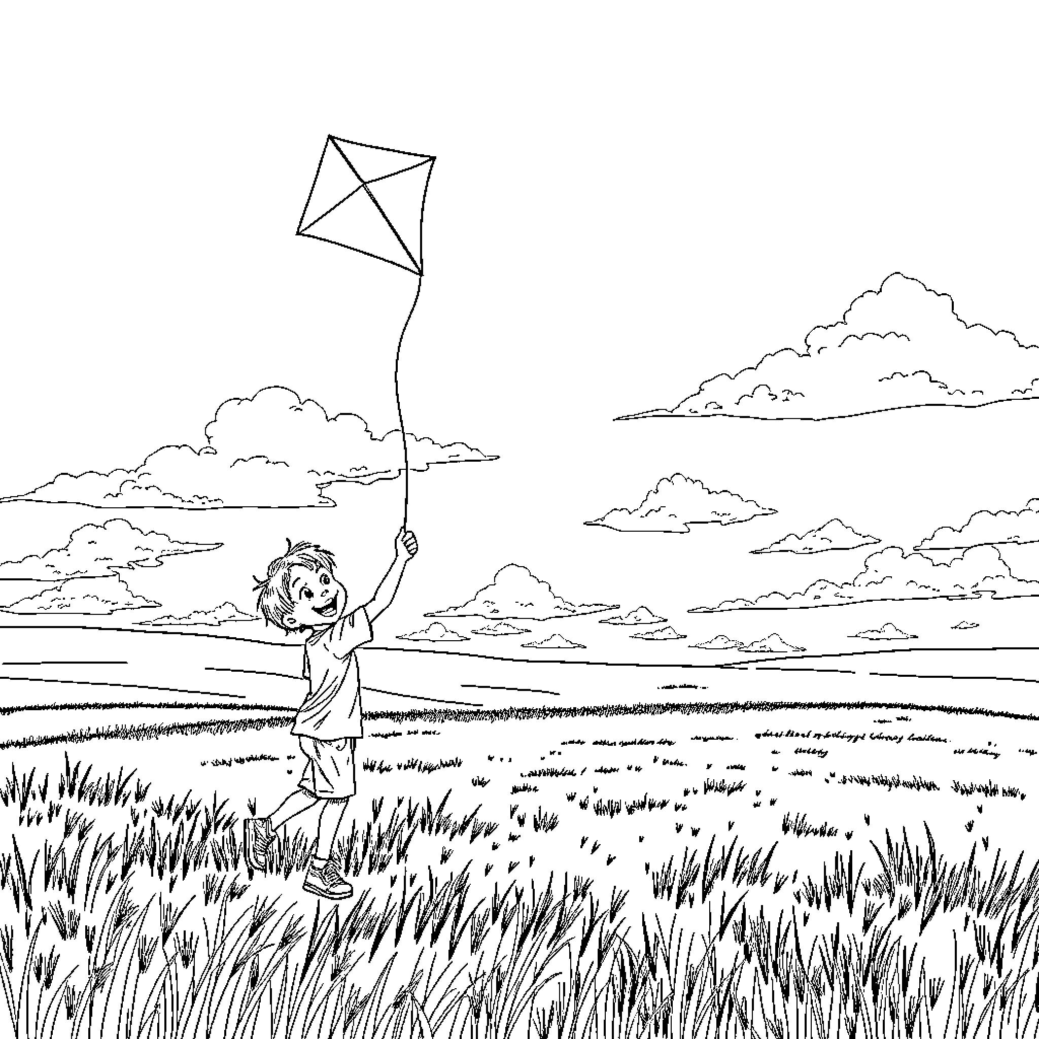 Boy playing joyfully with kite in vast meadow Coloring Page (free black-and-white line drawing printable PDF for all, from beginners to advanced learners, including children, teens, adults, and seniors)