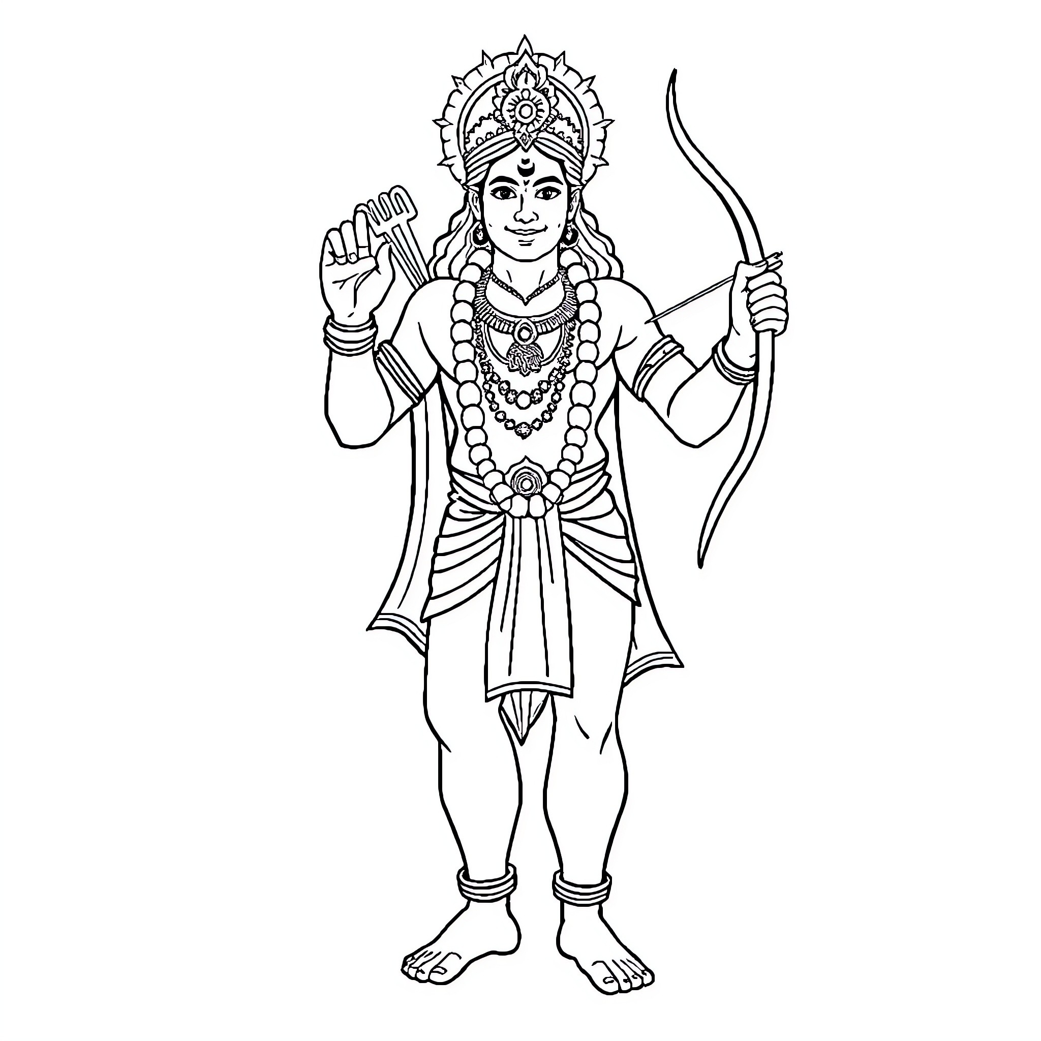 Ram with bow and arrow in ceremonial attire Coloring Page (free black-and-white line drawing printable PDF for all, from beginners to advanced learners, including children, teens, adults, and seniors)