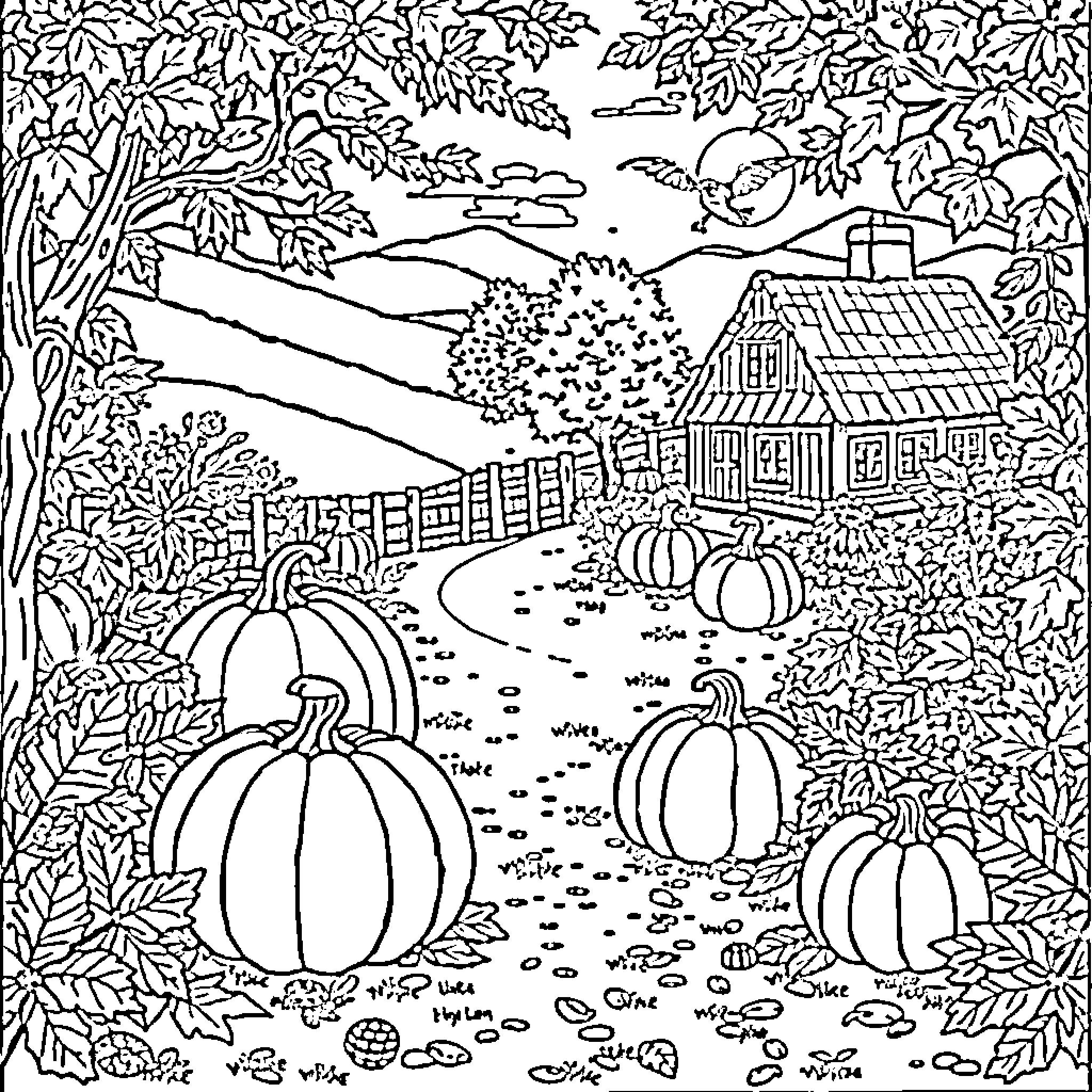 Autumn Harvest Scene with Pumpkins and Cottage Coloring Page (free black-and-white line drawing printable PDF for all, from beginners to advanced learners, including children, teens, adults, and seniors)