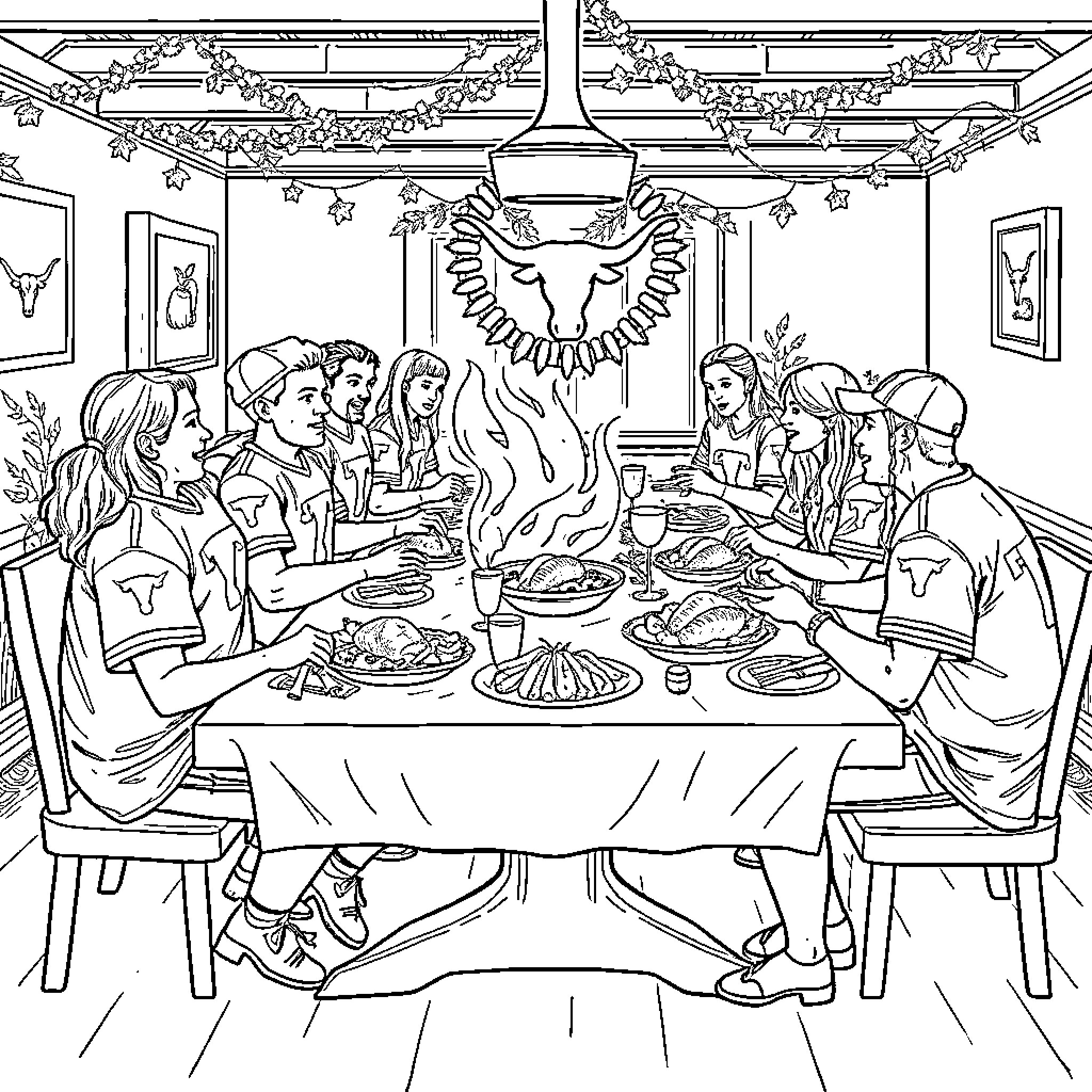 Texas Longhorn family gathering for a holiday meal Coloring Page (free black-and-white line drawing printable PDF for all, from beginners to advanced learners, including children, teens, adults, and seniors)
