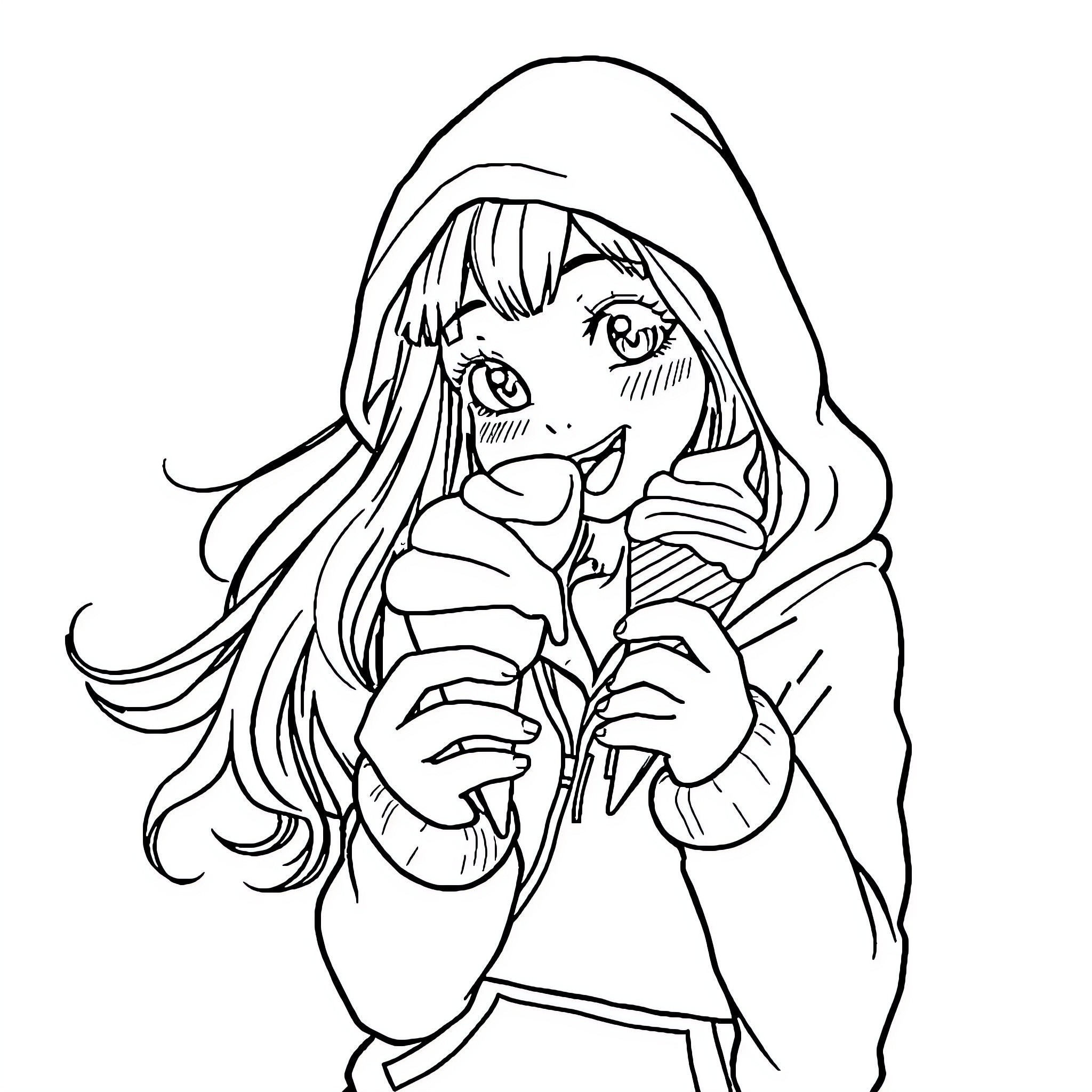 Girl in Hooded Jacket Smiling Brightly Coloring Page (free black-and-white line drawing printable PDF for all, from beginners to advanced learners, including children, teens, adults, and seniors)