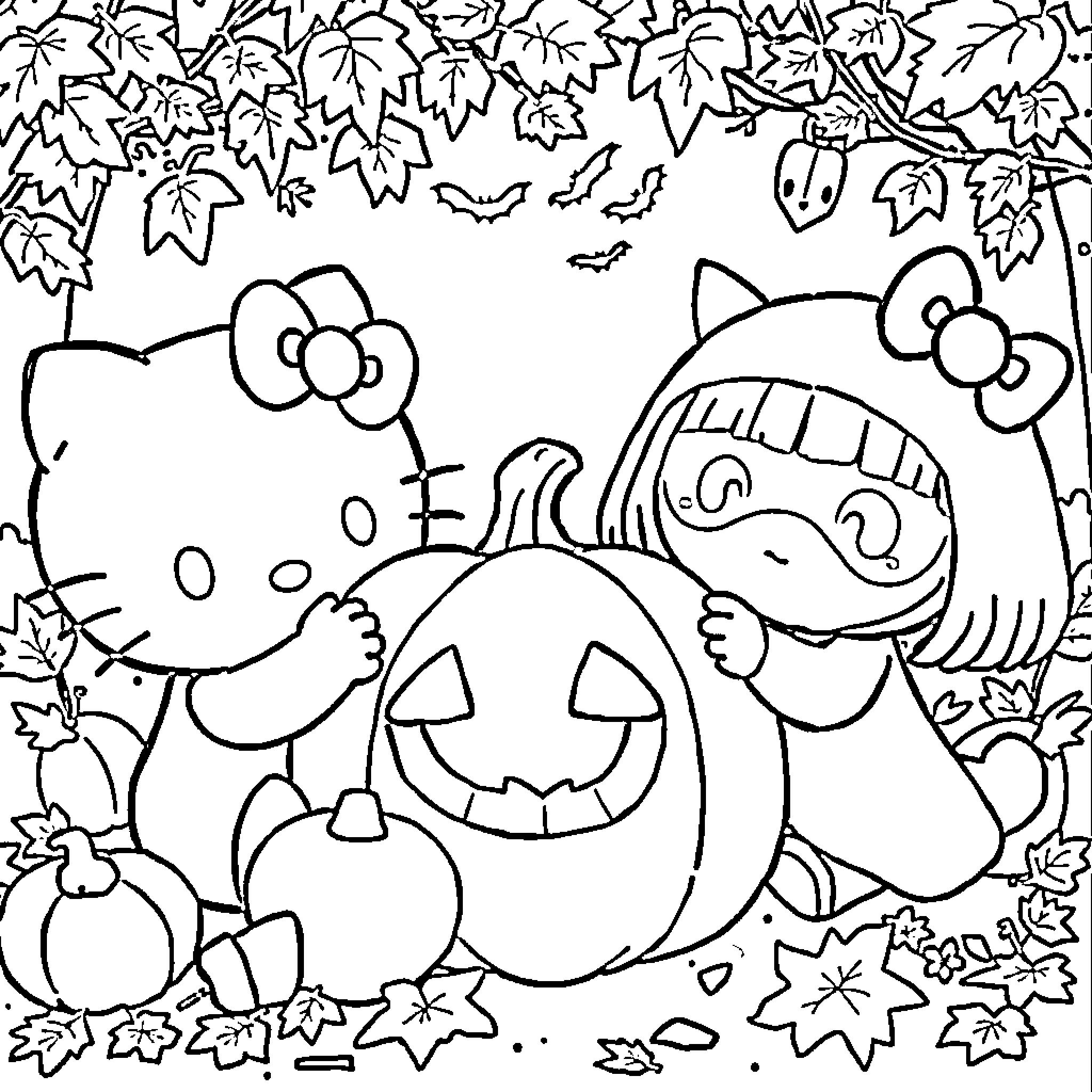 Hello Kitty and friends enjoy Halloween festivities Coloring Page (free black-and-white line drawing printable PDF for all, from beginners to advanced learners, including children, teens, adults, and seniors)