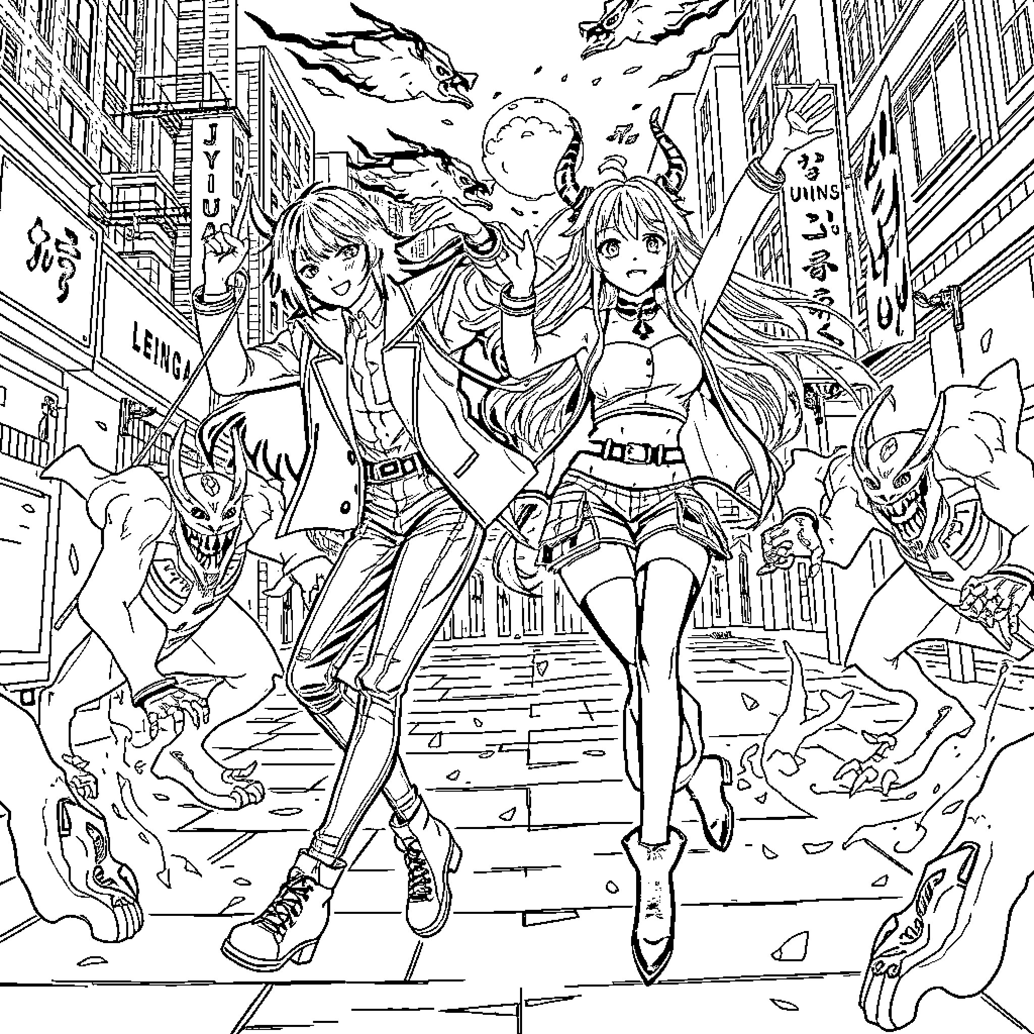 Jinu's Vibrant Anime Adventure in the City Coloring Page (free black-and-white line drawing printable PDF for all, from beginners to advanced learners, including children, teens, adults, and seniors)