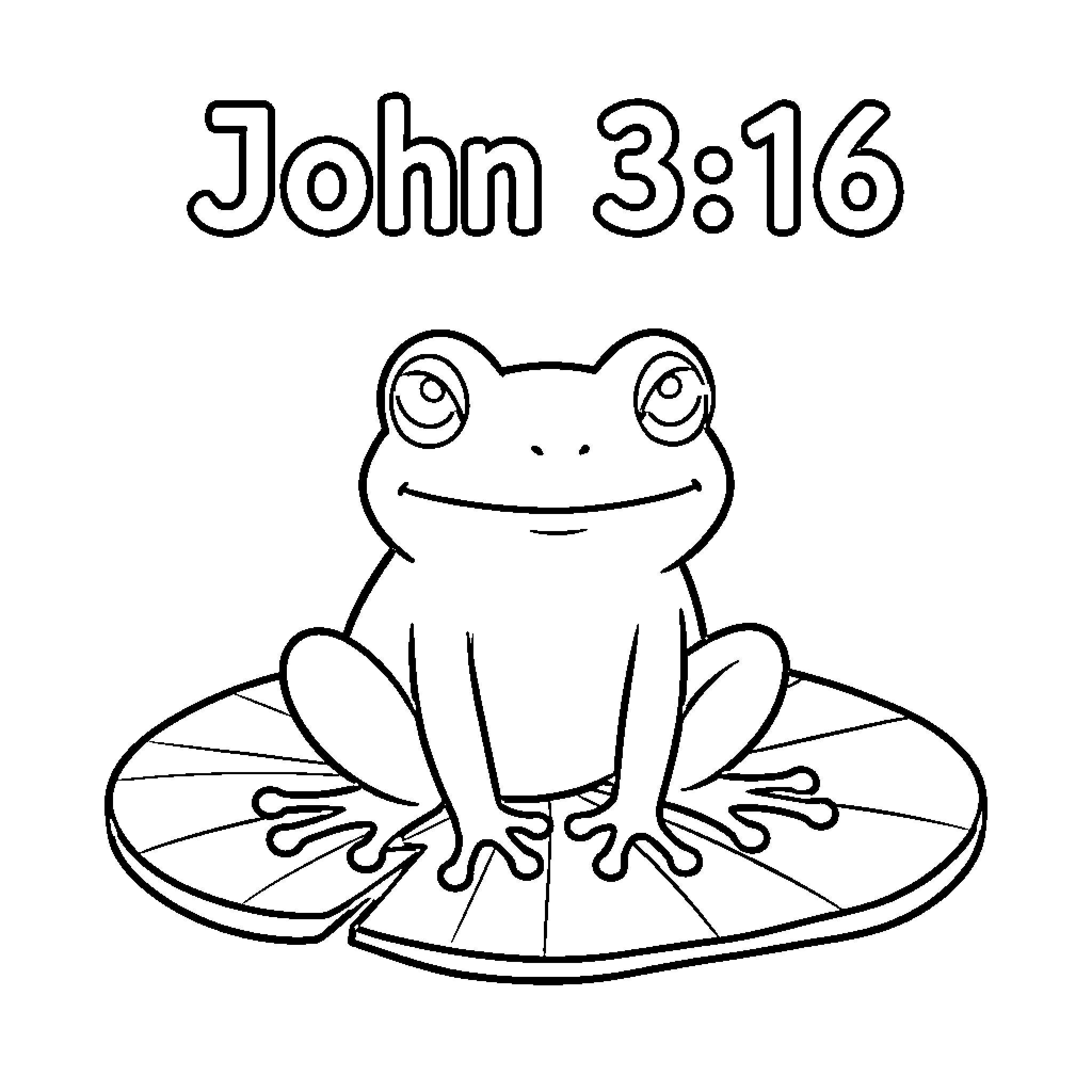 Frog sitting on lily pad with Bible verse Coloring Page (free black-and-white line drawing printable PDF for all, from beginners to advanced learners, including children, teens, adults, and seniors)