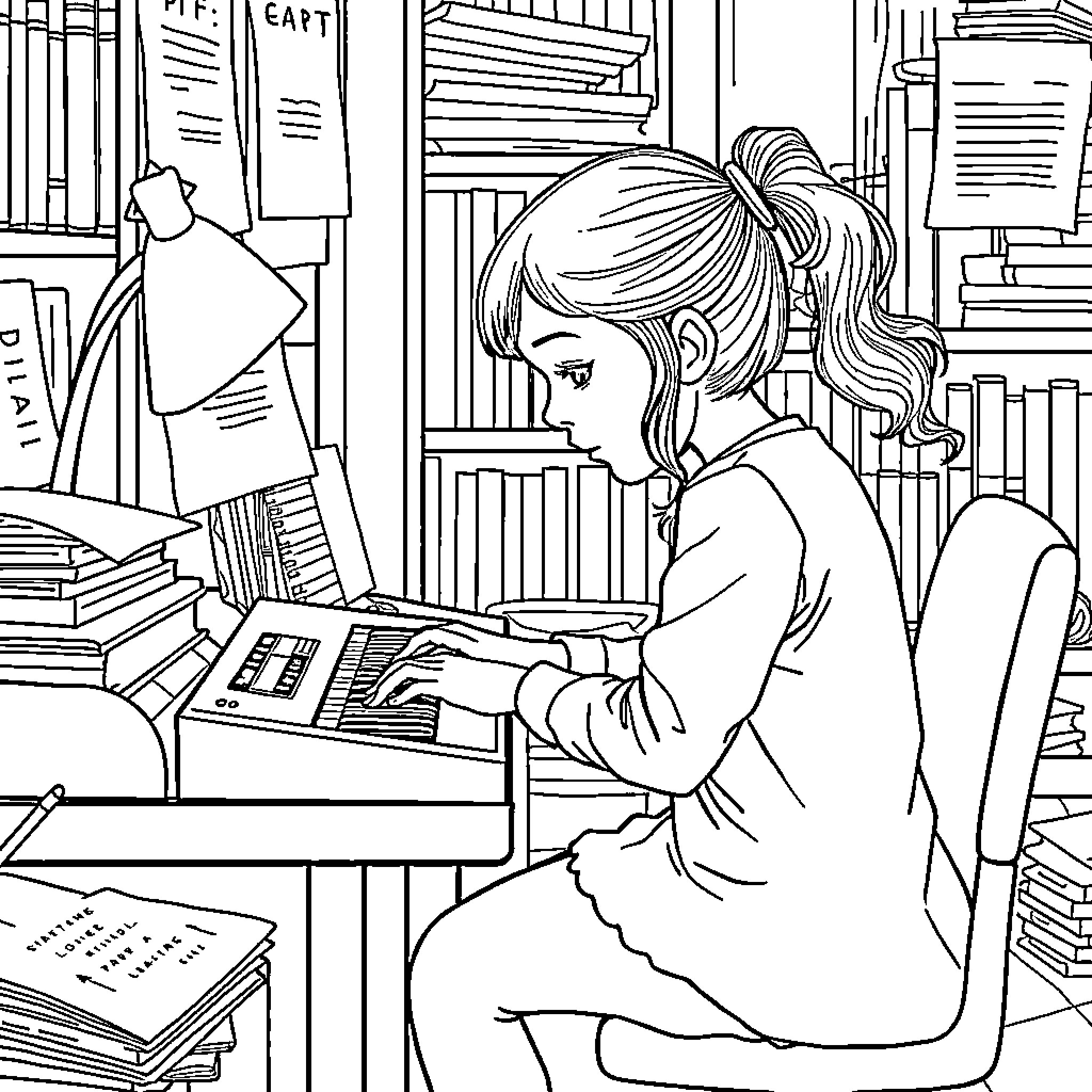 Fille studieux dans la bibliothèque Coloring Page (free black-and-white line drawing printable PDF for all, from beginners to advanced learners, including children, teens, adults, and seniors)