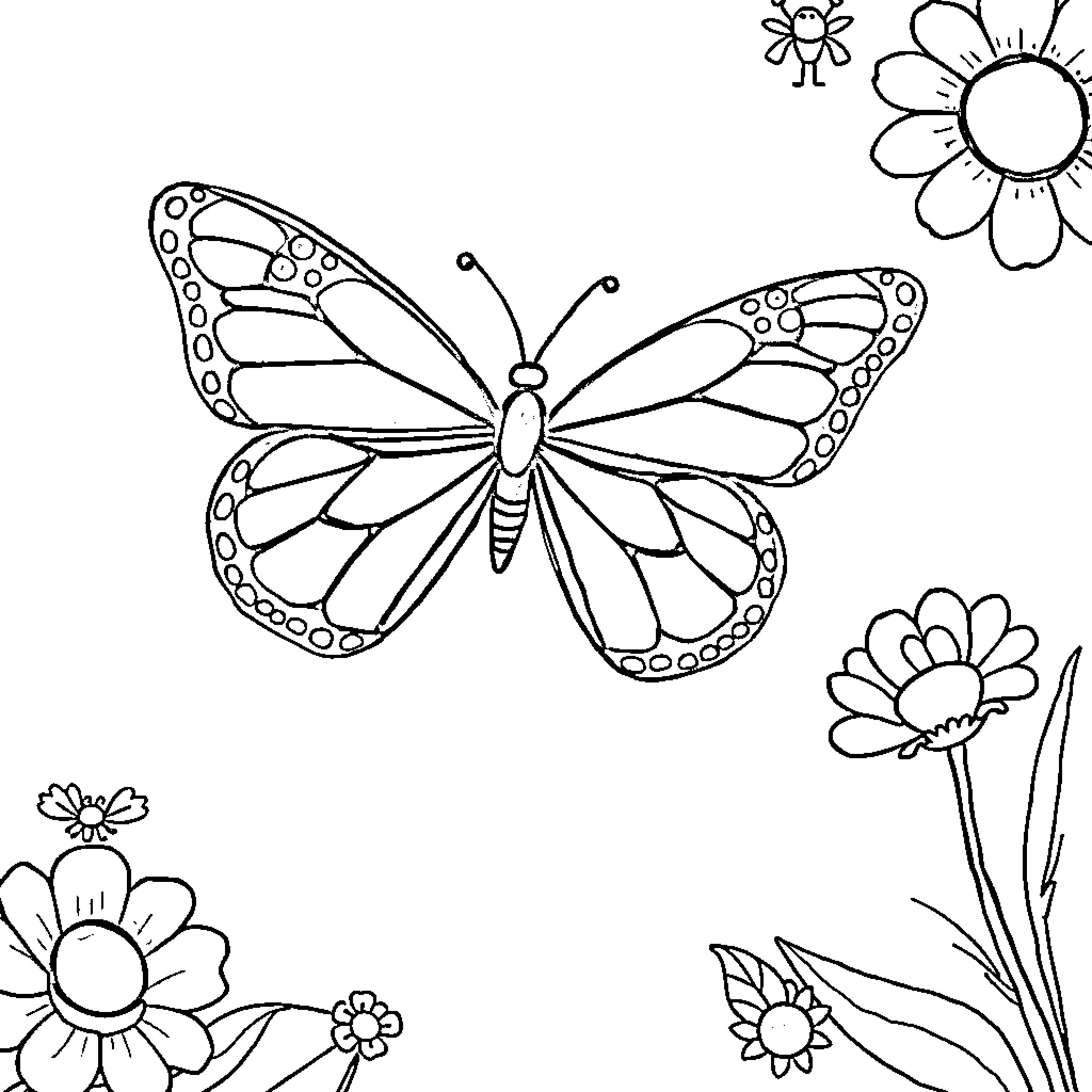 Butterfly in Floral Setting Coloring Page (free black-and-white line drawing printable PDF for all, from beginners to advanced learners, including children, teens, adults, and seniors)