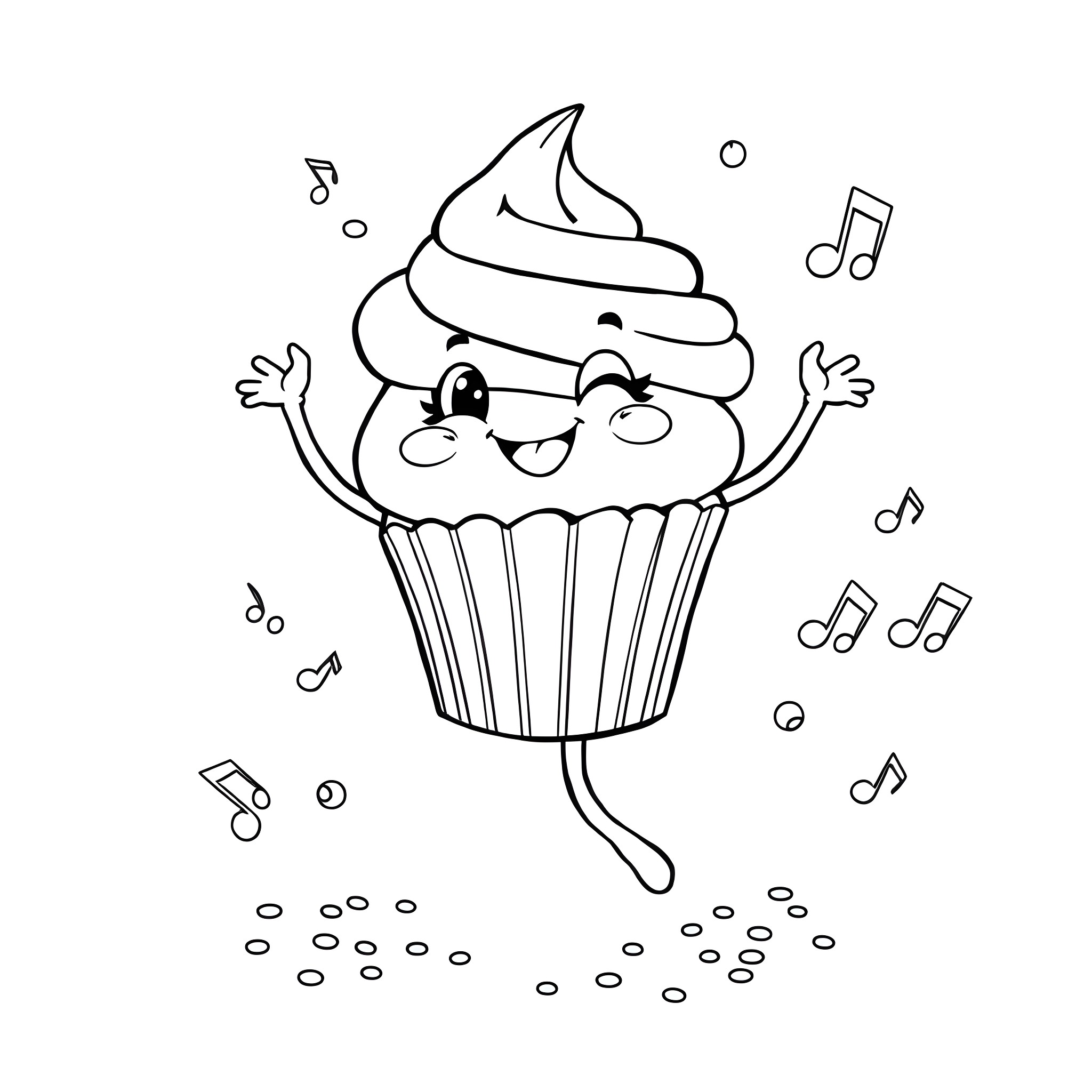 Cupcake dancing joyfully with musical notes Coloring Page (free black-and-white line drawing printable PDF for all, from beginners to advanced learners, including children, teens, adults, and seniors)