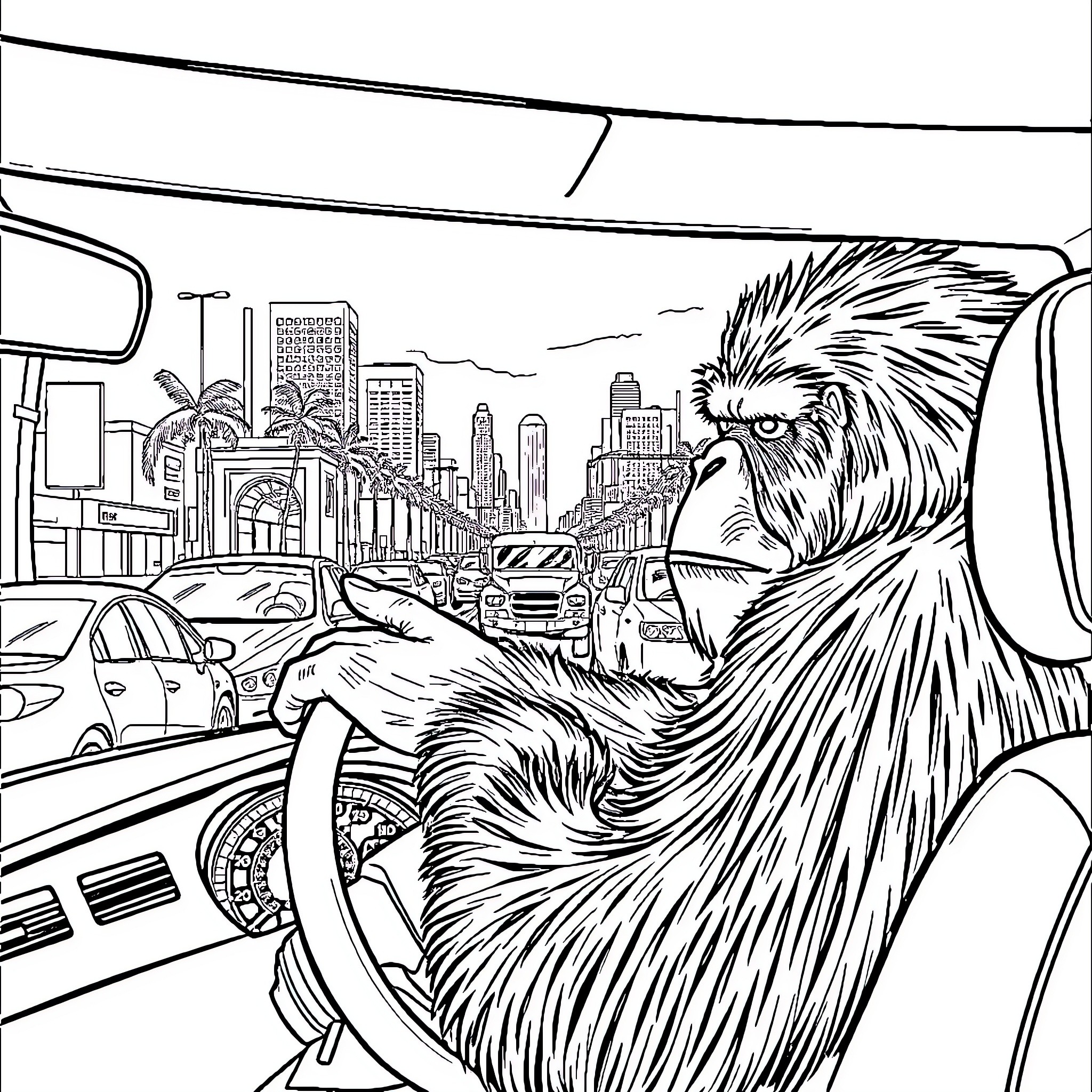 Bigfoot driving through the bustling city Coloring Page (free black-and-white line drawing printable PDF for all, from beginners to advanced learners, including children, teens, adults, and seniors)