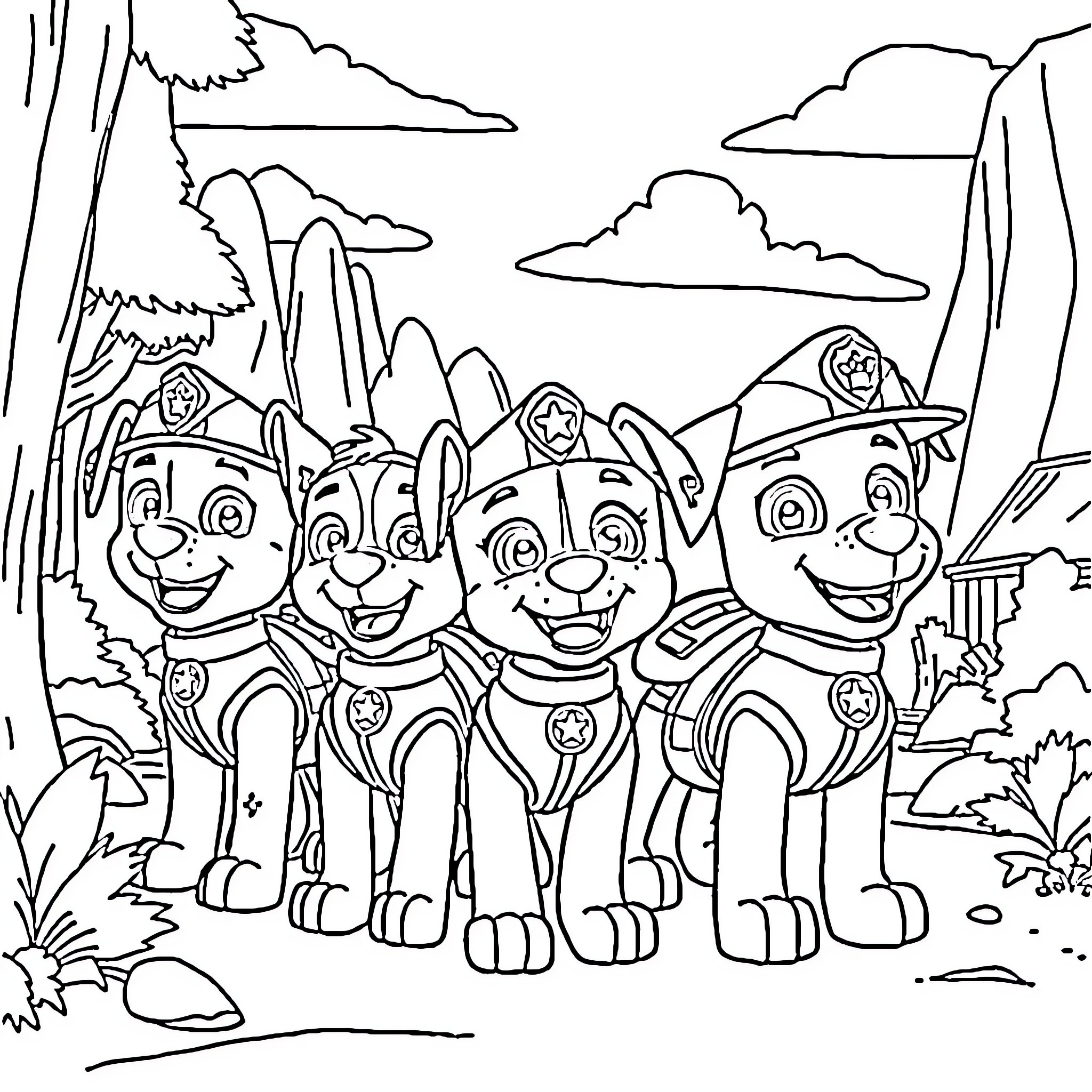Paw Patrol characters exploring the outdoors Coloring Page (free black-and-white line drawing printable PDF for all, from beginners to advanced learners, including children, teens, adults, and seniors)