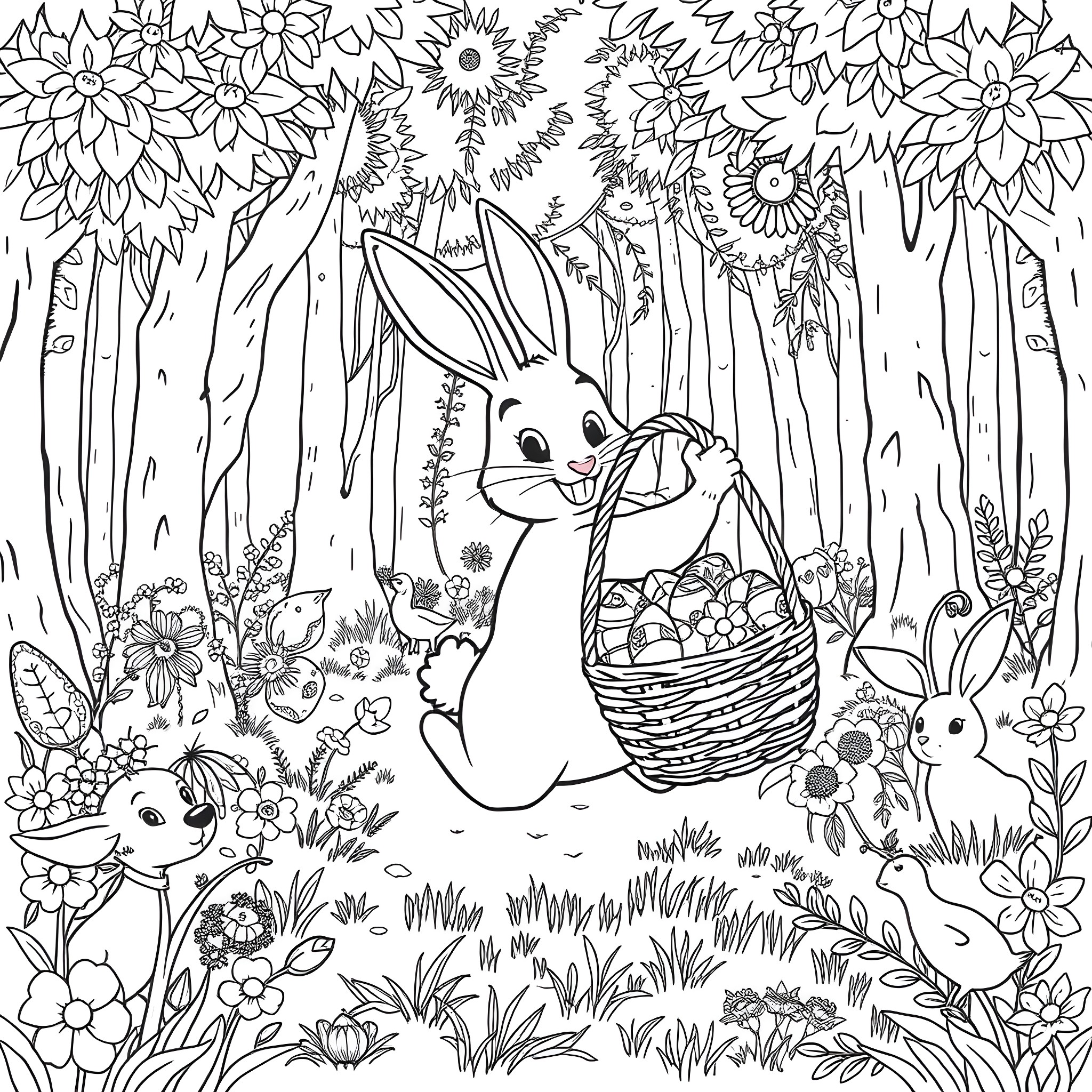 Bunny carrying basket of eggs in the forest Coloring Page (free black-and-white line drawing printable PDF for all, from beginners to advanced learners, including children, teens, adults, and seniors)