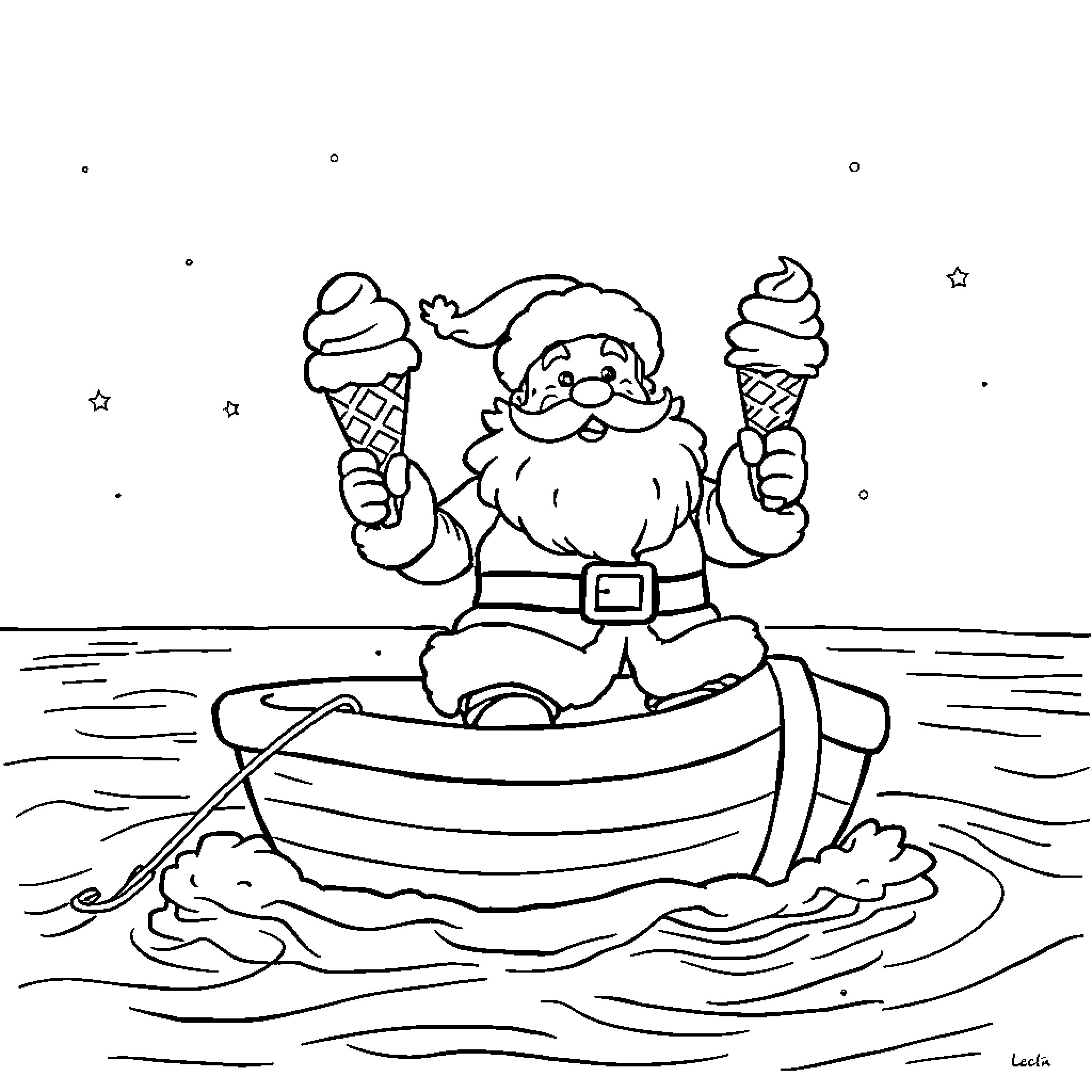 Santa enjoying ice cream cones on a boat Coloring Page (free black-and-white line drawing printable PDF for all, from beginners to advanced learners, including children, teens, adults, and seniors)