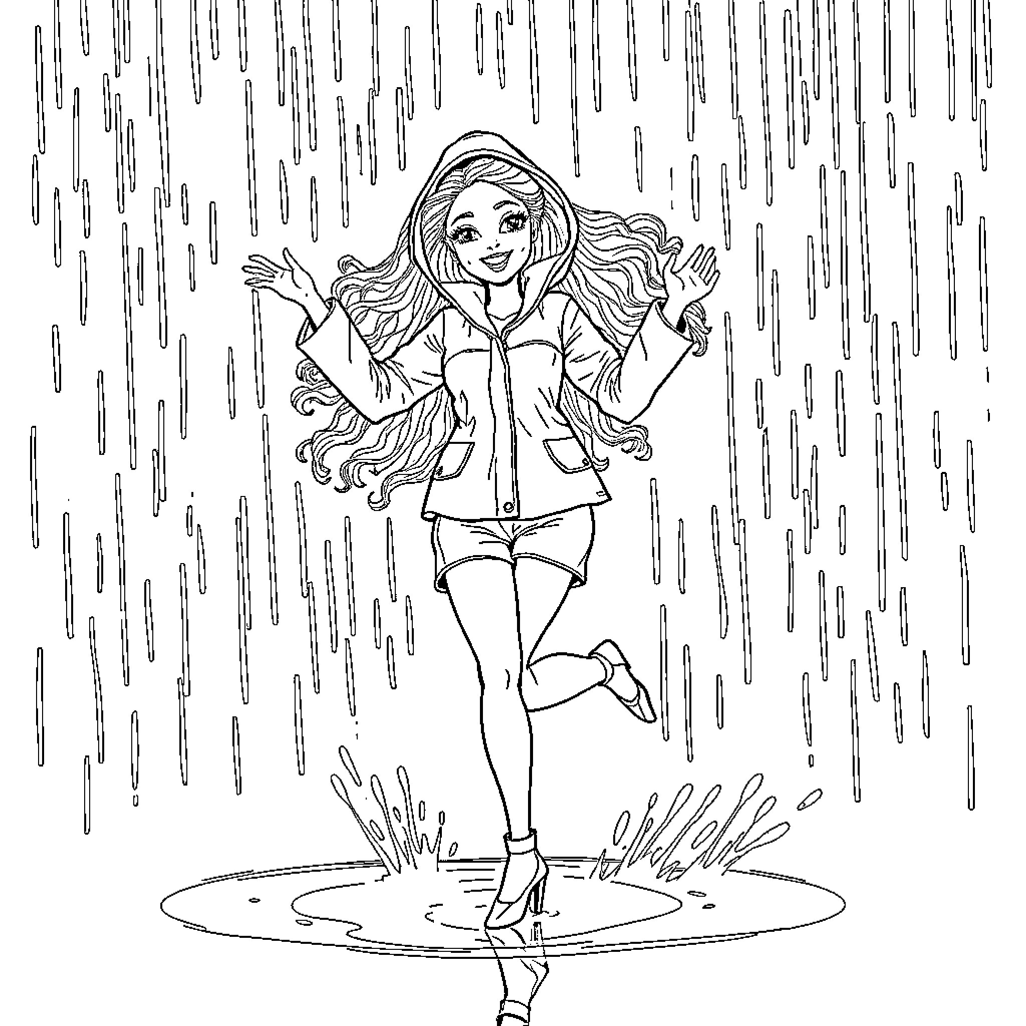 Barbie Enjoying the Rainy Day Coloring Page (free black-and-white line drawing printable PDF for all, from beginners to advanced learners, including children, teens, adults, and seniors)