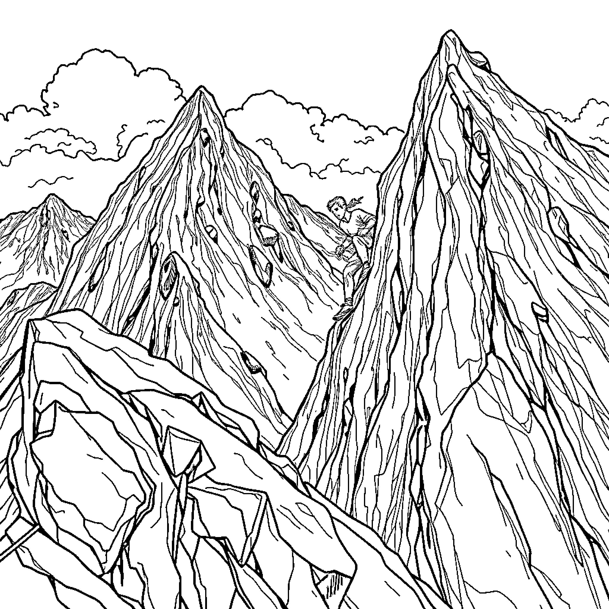 Man Hiking Through Rugged Mountain Terrain Coloring Page (free black-and-white line drawing printable PDF for all, from beginners to advanced learners, including children, teens, adults, and seniors)